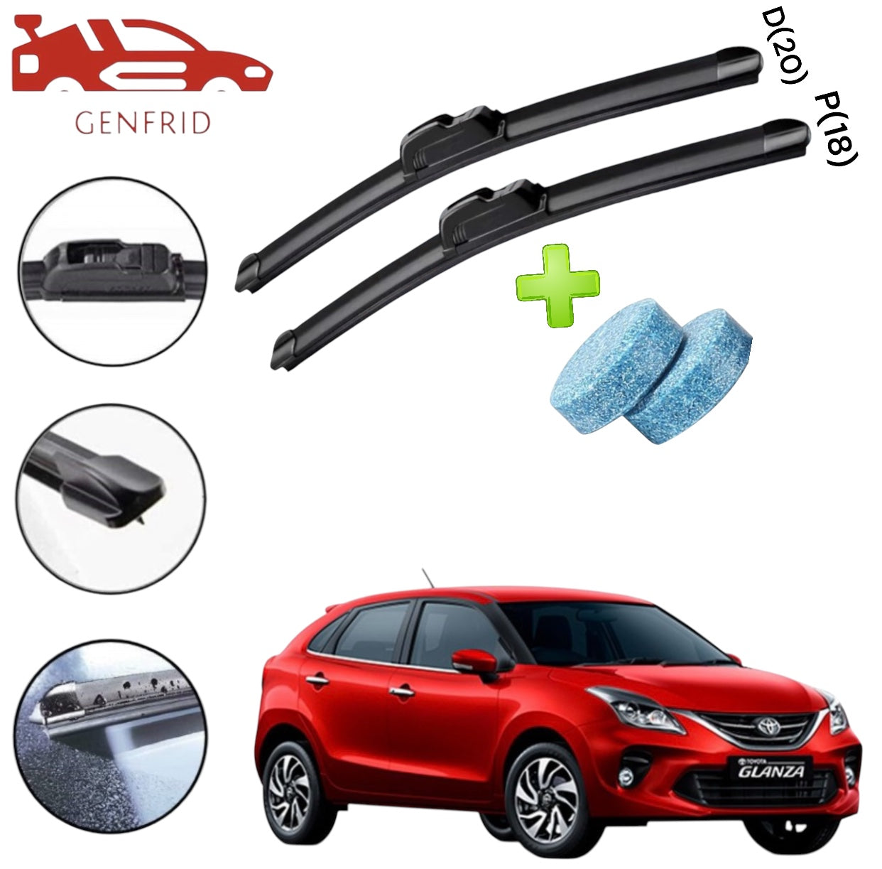 Genfrid Flat Rubber Frameless Car Wiper For Toyota Glanza (Right-20, Left–18)(Pack Of 2)(Free Washer Tablet)