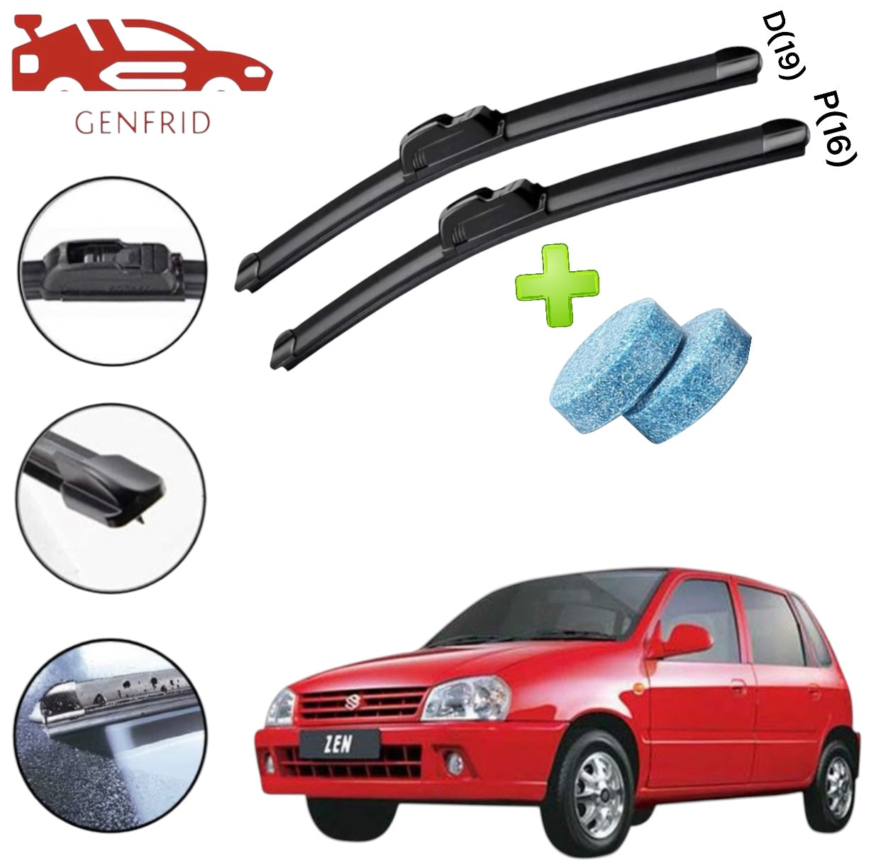 Genfrid Flat Rubber Frameless Car Wiper For Maruti Zen (Right-19, Left–16)(Pack Of 2)(Free Washer Tablet)