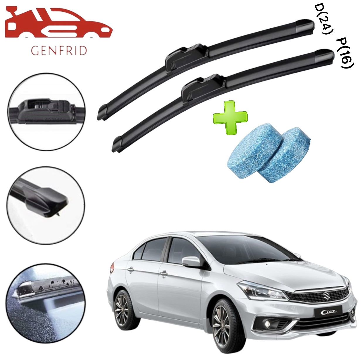 Genfrid Flat Rubber Frameless Car Wiper For Maruti Ciaz (Right-24, Left–16)(Pack Of 2)(Free Washer Tablet)
