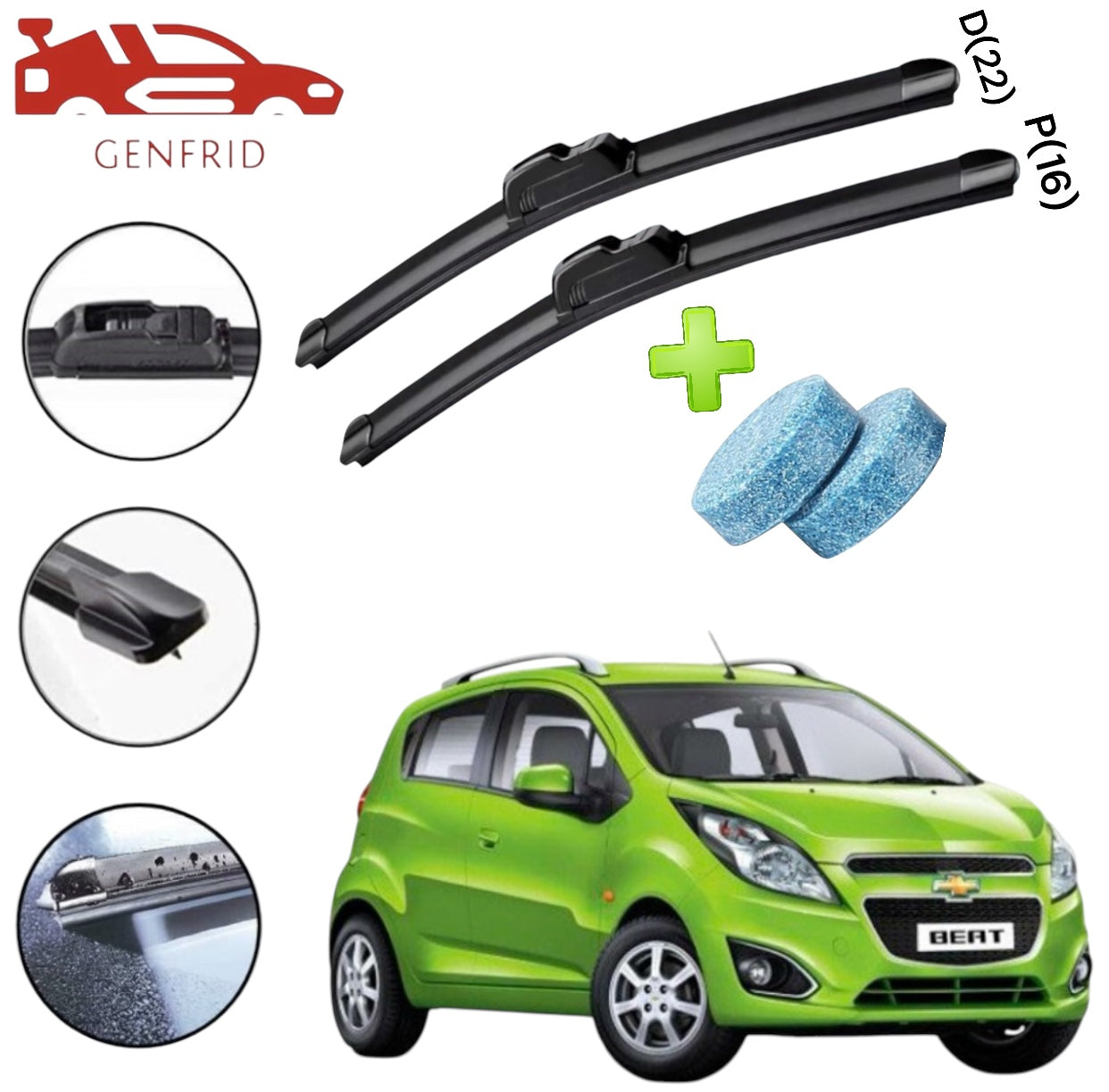 Genfrid Flat Rubber Frameless Car Wiper For Chevrolet Beat (Right-22, Left–16)(Pack Of 2)(Free Washer Tablet)
