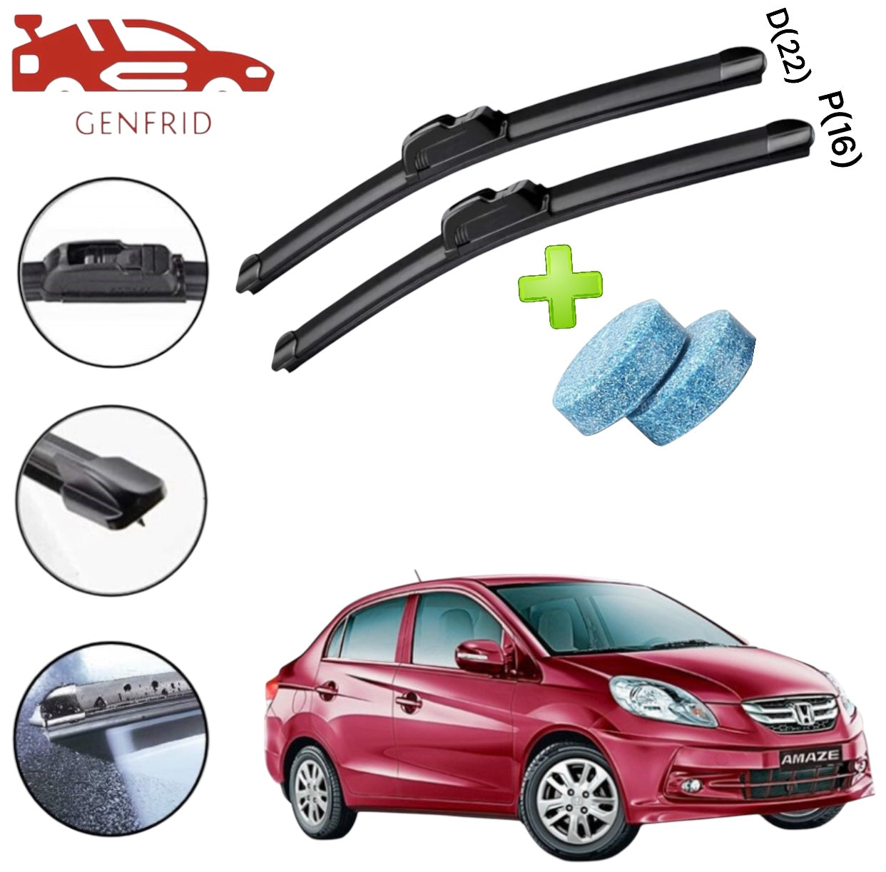 Genfrid Flat Rubber Frameless Car Wiper For Honda Amaze (Right-22, Left–16)(Pack Of 2)(Free Washer Tablet)