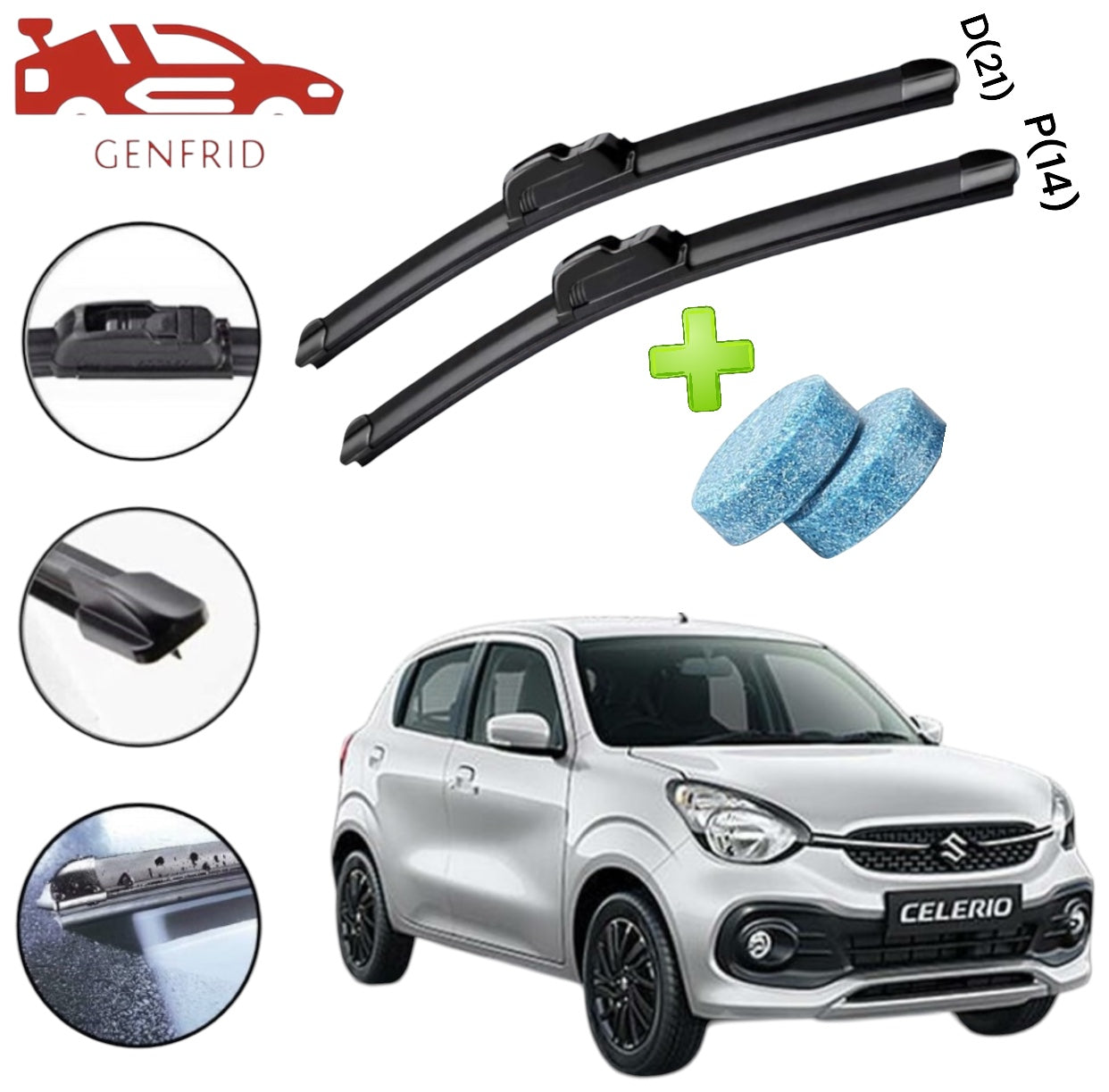 Genfrid Flat Rubber Frameless Car Wiper For Maruti Celerio 2022 (Right-21, Left–14)(Pack Of 2)(Free Washer Tablet)
