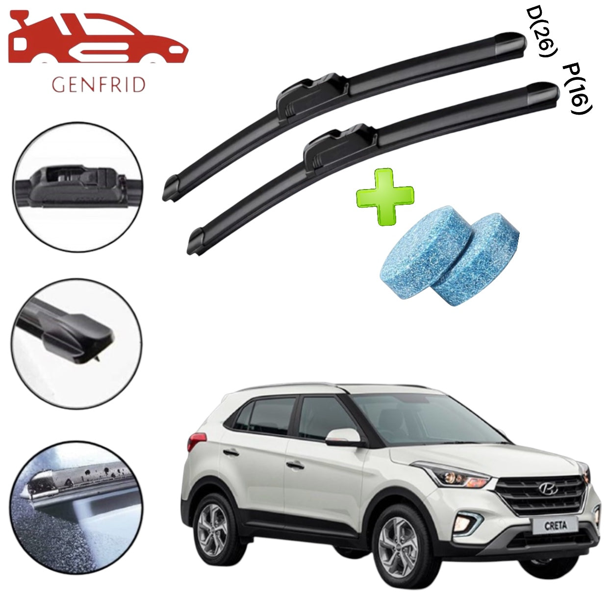 Genfrid Flat Rubber Frameless Car Wiper For Hyundai Creta 2015-19 (Right-26, Left–16)(Pack Of 2)(Free Washer Tablet)