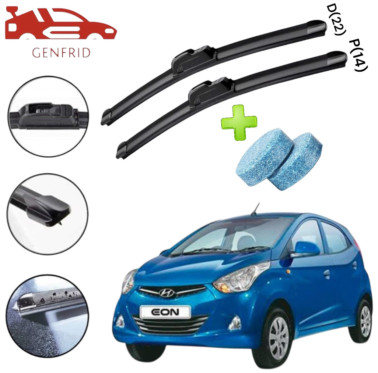Genfrid Flat Rubber Frameless Car Wiper For Hyundai Eon (Right-22, Left–14)(Pack Of 2)(Free Washer Tablet)