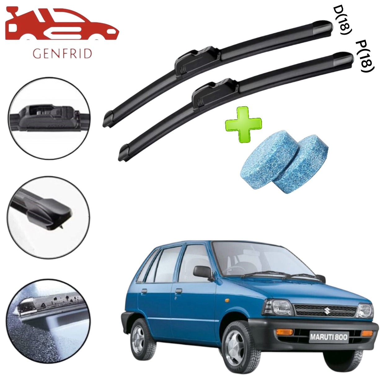 Genfrid Flat Rubber Frameless Car Wiper For Maruti 800 (Right-18, Left–18)(Pack Of 2)(Free Washer Tablet)