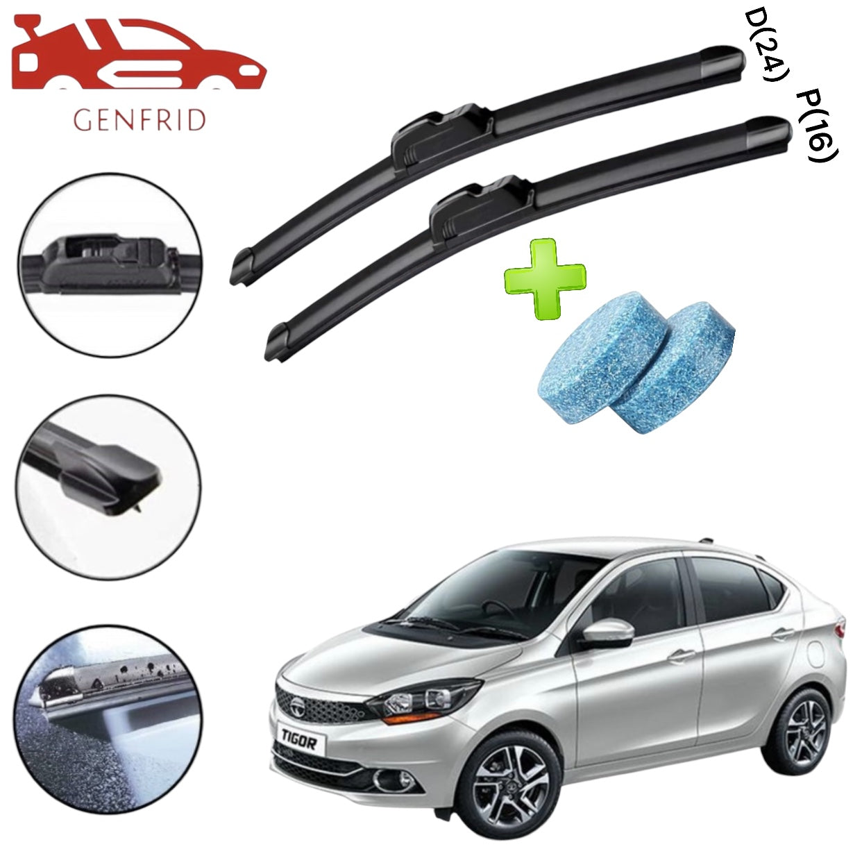 Genfrid Flat Rubber Frameless Car Wiper For Tata Altroz (Right-24, Left–16)(Pack Of 2)(Free Washer Tablet)