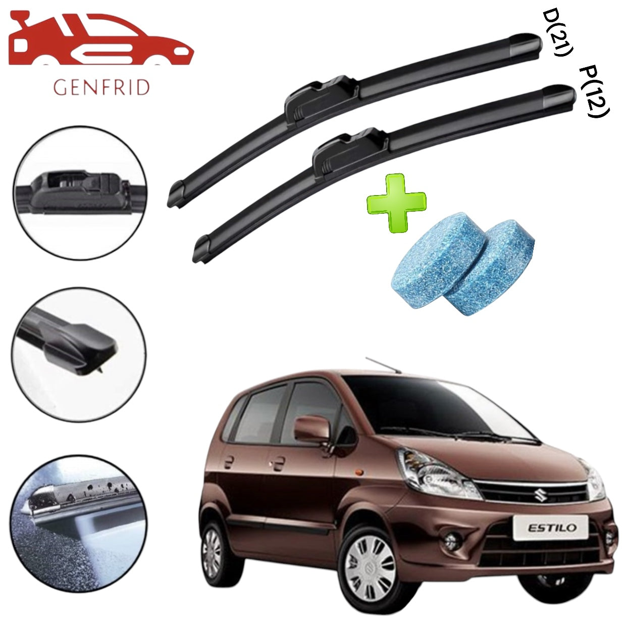 Genfrid Flat Rubber Frameless Car Wiper For Maruti Zen Estilo (Right-21, Left–12)(Pack Of 2)(Free Washer Tablet)