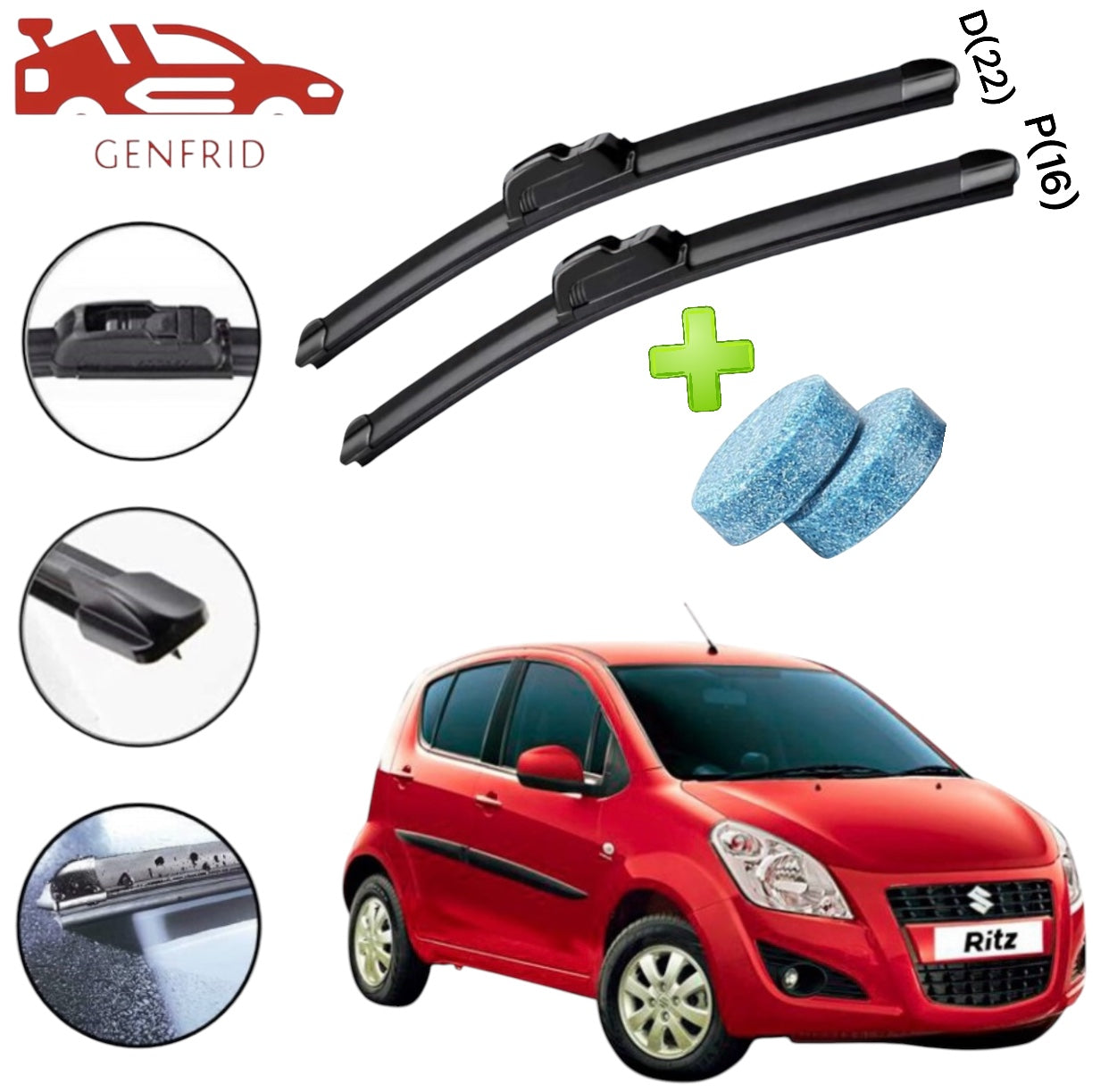 Genfrid Flat Rubber Frameless Car Wiper For Maruti Ritz (Right-22, Left–16)(Pack Of 2)(Free Washer Tablet)