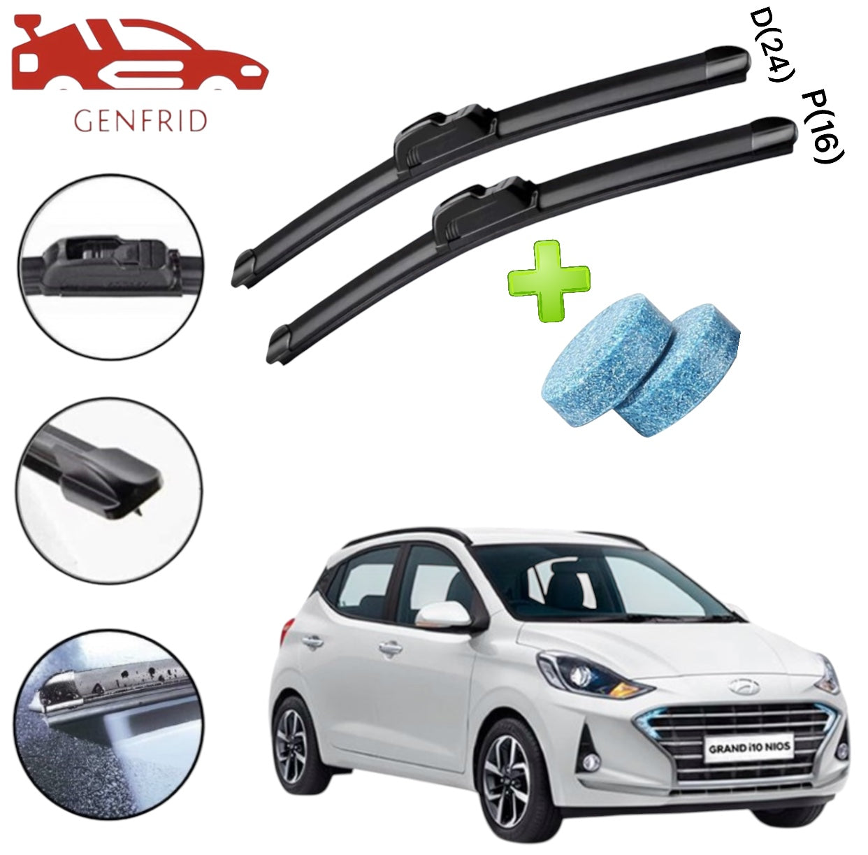 Genfrid Flat Rubber Frameless Car Wiper For Hyundai I10 Grand Nios (Right-24, Left–16)(Pack Of 2)(Free Washer Tablet)