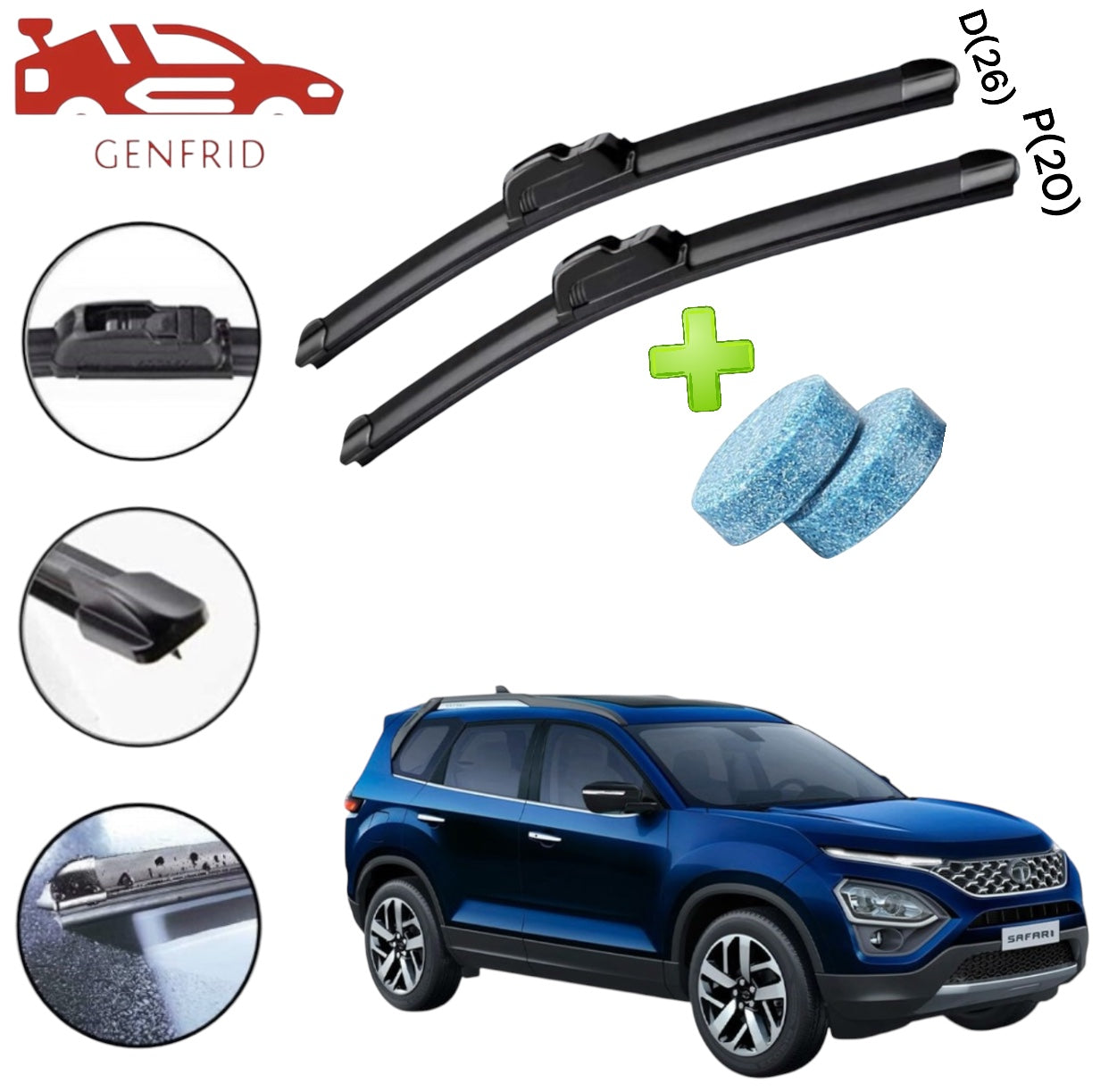 Genfrid Flat Rubber Frameless Car Wiper For Tata Safari 2021 (Right-26, Left–20)(Pack Of 2)(Free Washer Tablet)