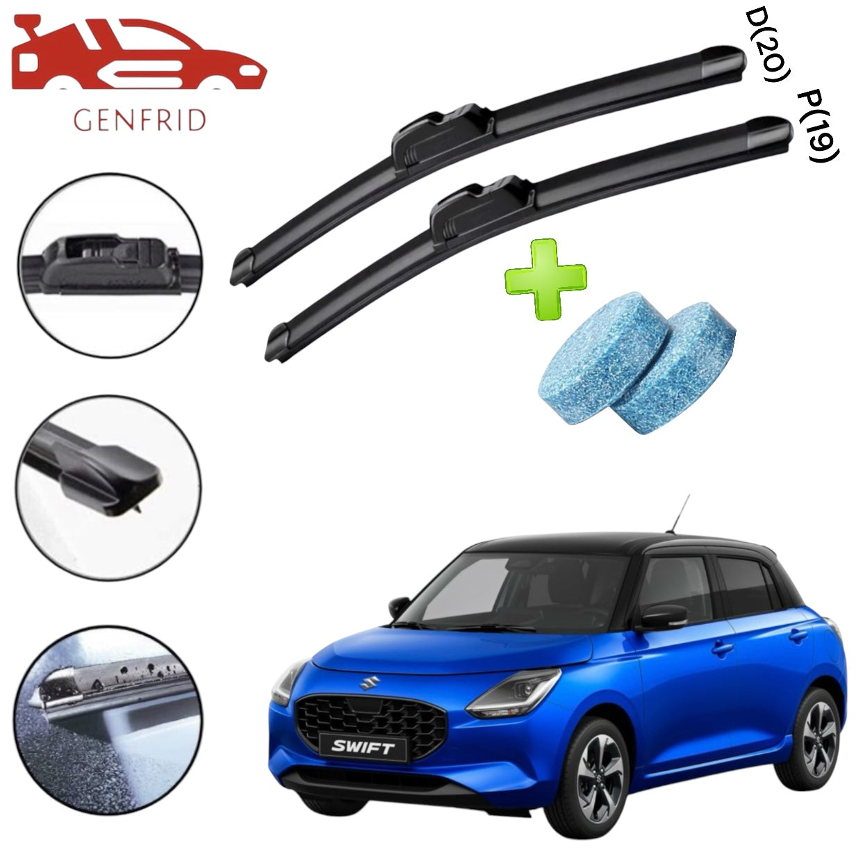 Genfrid Flat Rubber Frameless Car Wiper For Maruti Swift 2024 (Right-20, Left–19)(Pack Of 2)(Free Washer Tablet)
