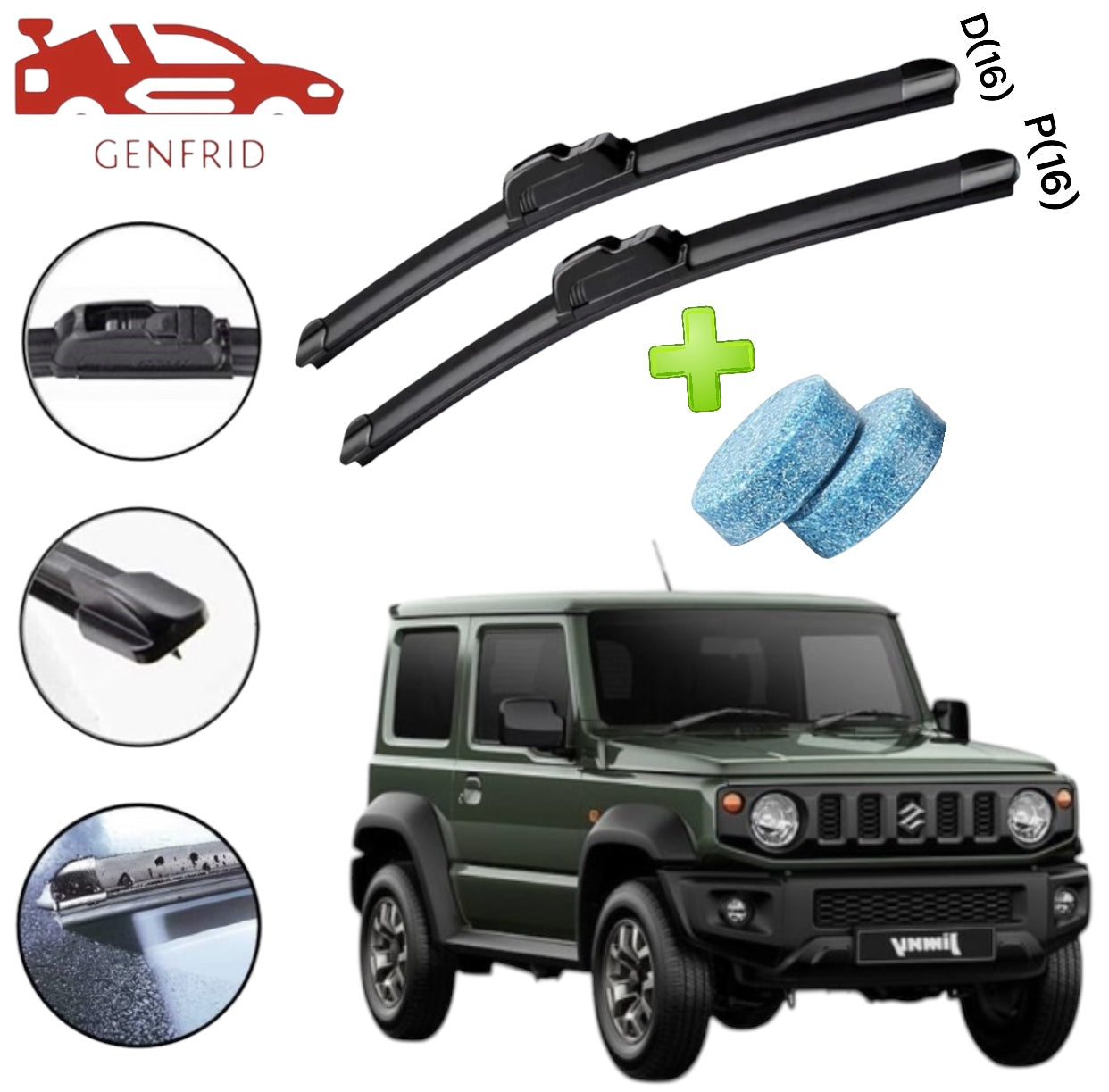 Genfrid Flat Rubber Frameless Car Wiper For Maruti Jimny (Right-16, Left–16)(Pack Of 2)(Free Washer Tablet)