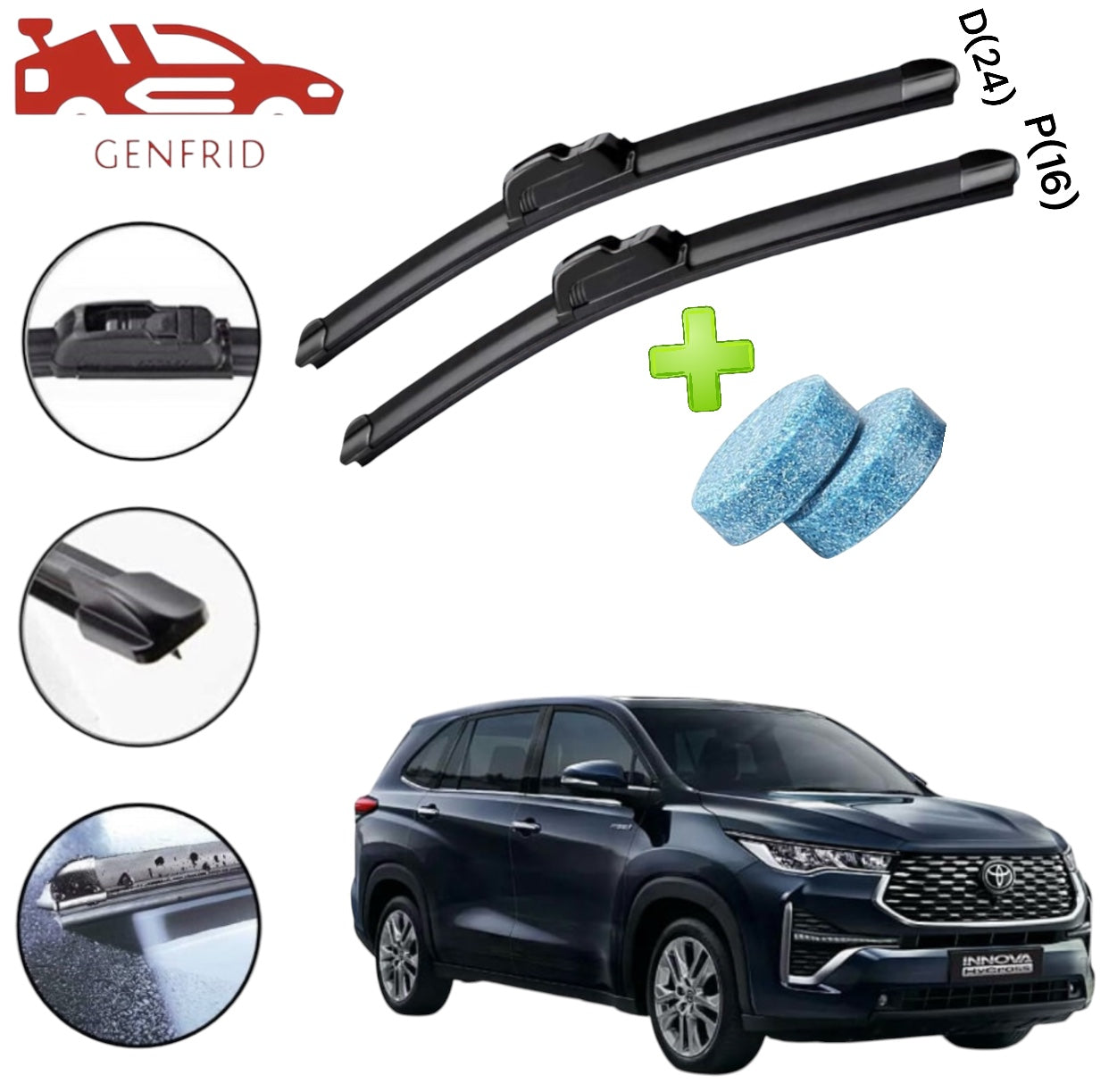 Genfrid Flat Rubber Frameless Car Wiper For Toyota Innova Hycross (Right-24, Left–16)(Pack Of 2)(Free Washer Tablet)