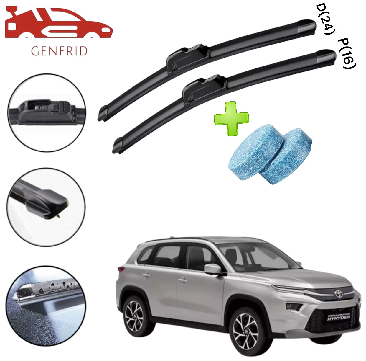 Genfrid Flat Rubber Frameless Car Wiper For Toyota Hyryder (Right-24, Left–16)(Pack Of 2)(Free Washer Tablet)