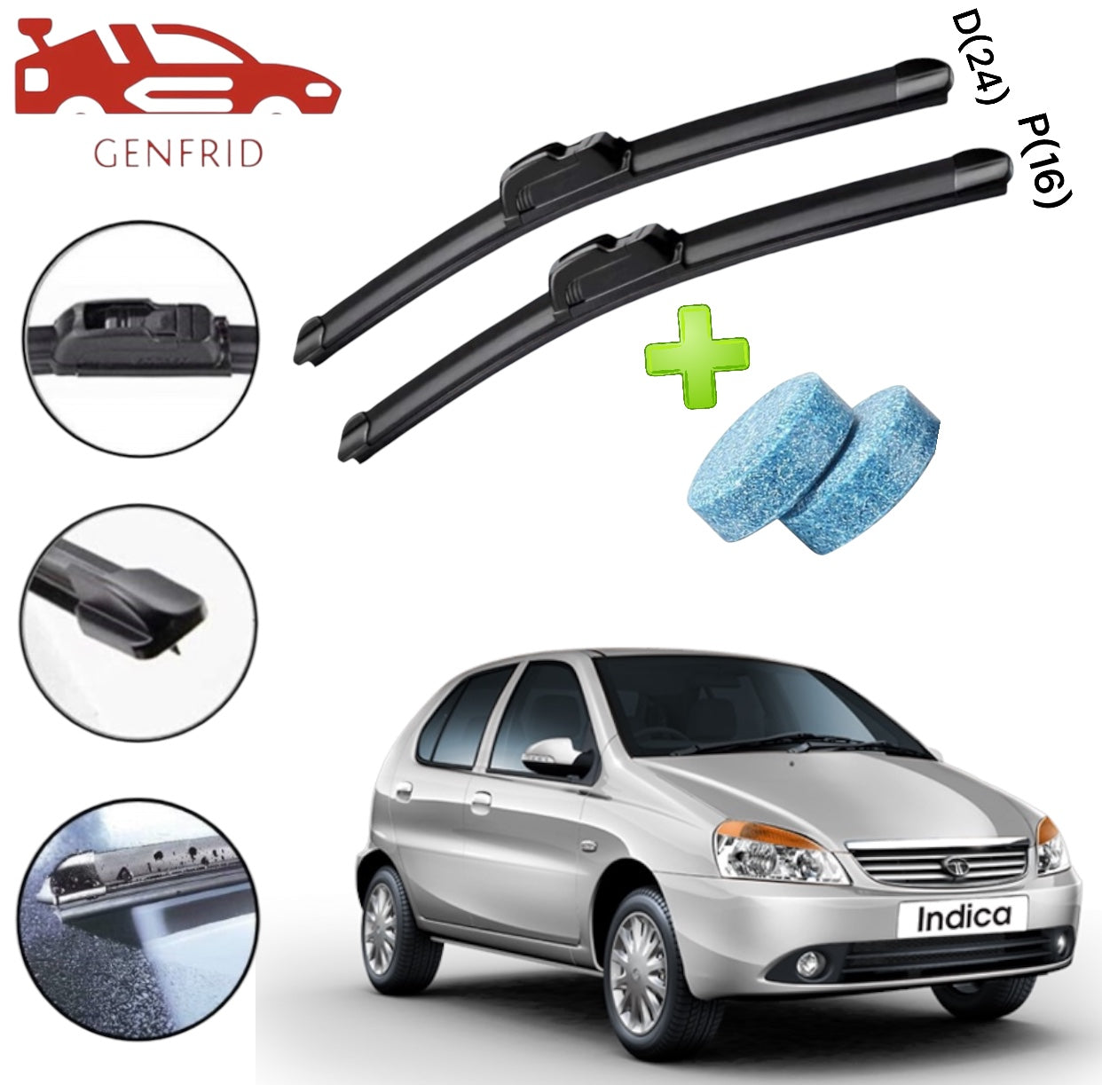 Genfrid Flat Rubber Frameless Car Wiper For Tata Indica (Right-24, Left–16)(Pack Of 2)(Free Washer Tablet)