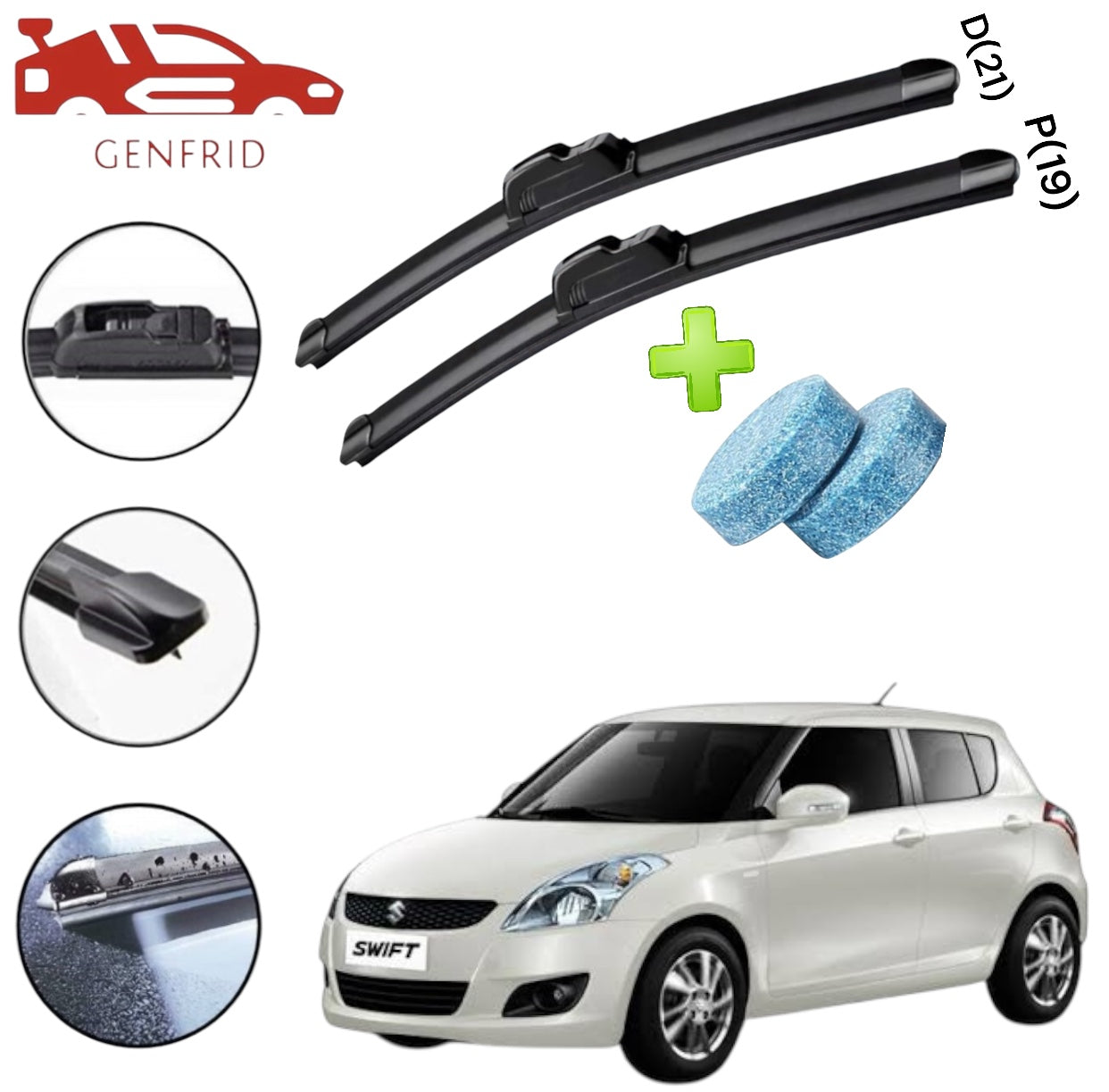 Genfrid Flat Rubber Frameless Car Wiper For Maruti Swift 2005-11 (Right-21, Left–19)(Pack Of 2)(Free Washer Tablet)