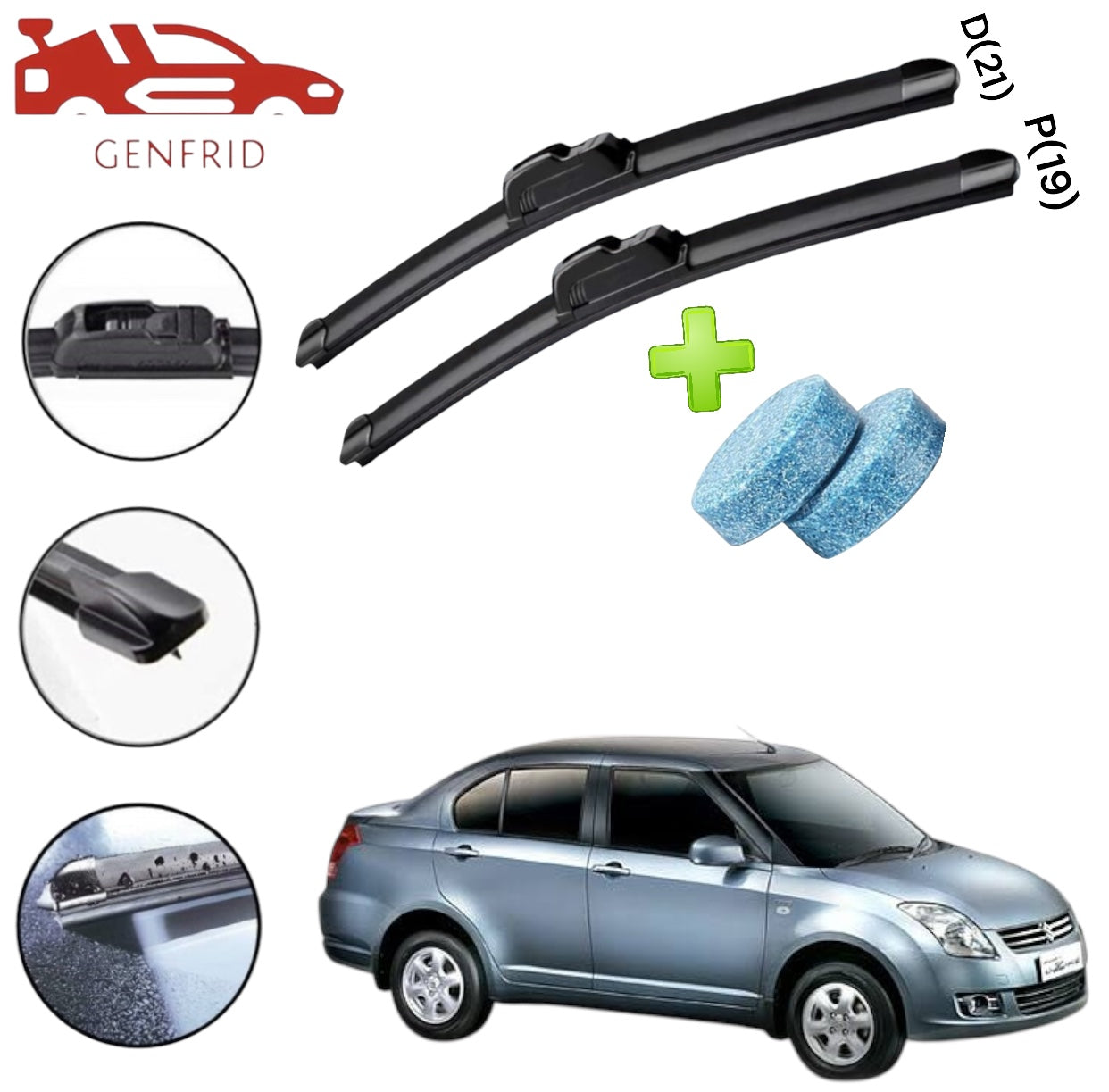 Genfrid Flat Rubber Frameless Car Wiper For Maruti Swift Dzire 2005-11 (Right-21, Left–19)(Pack Of 2)(Free Washer Tablet)