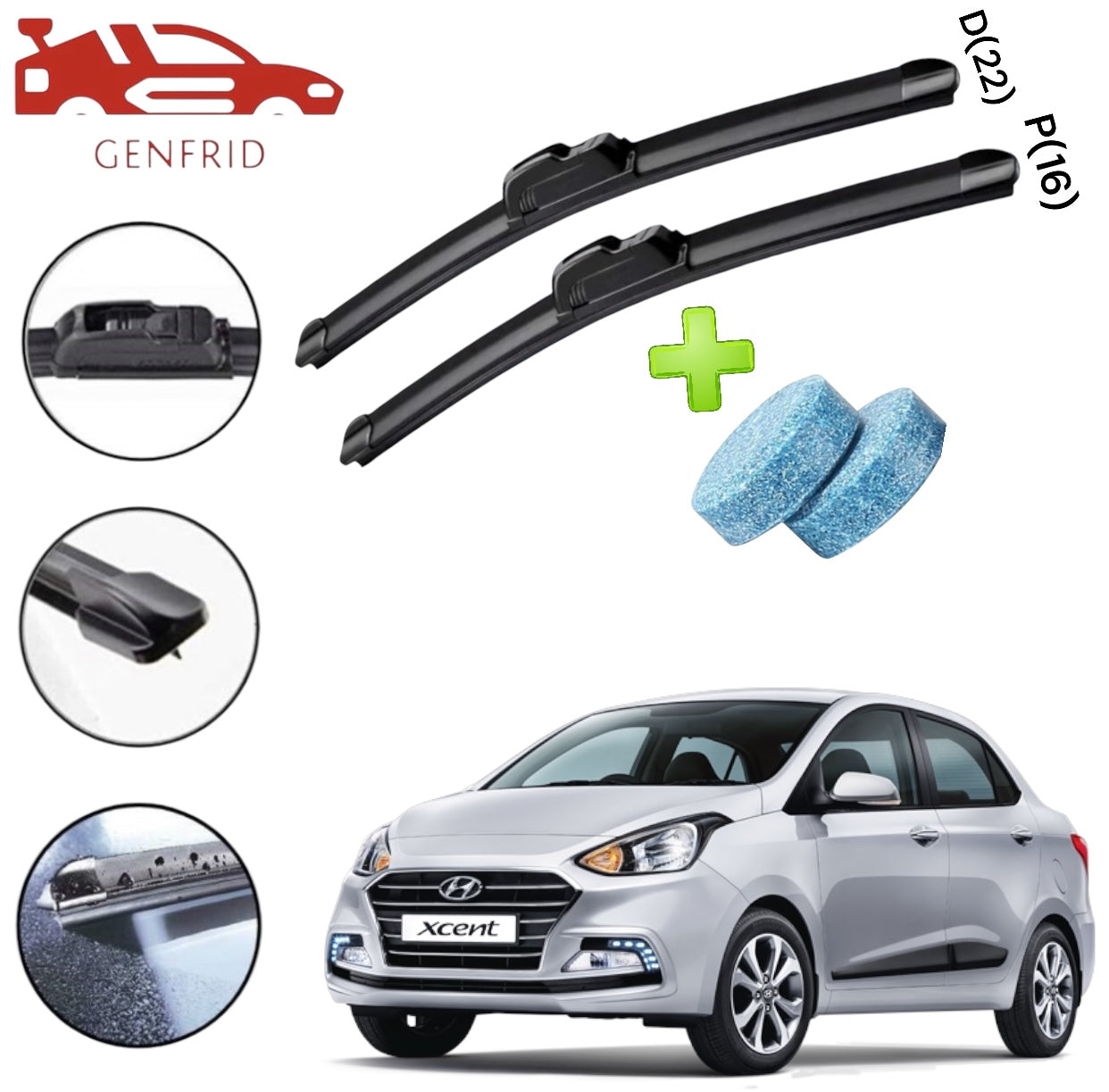 Genfrid Flat Rubber Frameless Car Wiper For Maruti Xcent (Right-22, Left–16)(Pack Of 2)(Free Washer Tablet)