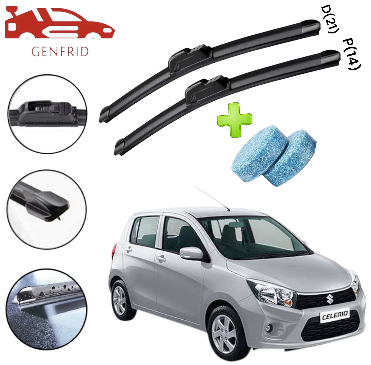 Genfrid Flat Rubber Frameless Car Wiper For Maruti Celerio (Right-21, Left–14)(Pack Of 2)(Free Washer Tablet)