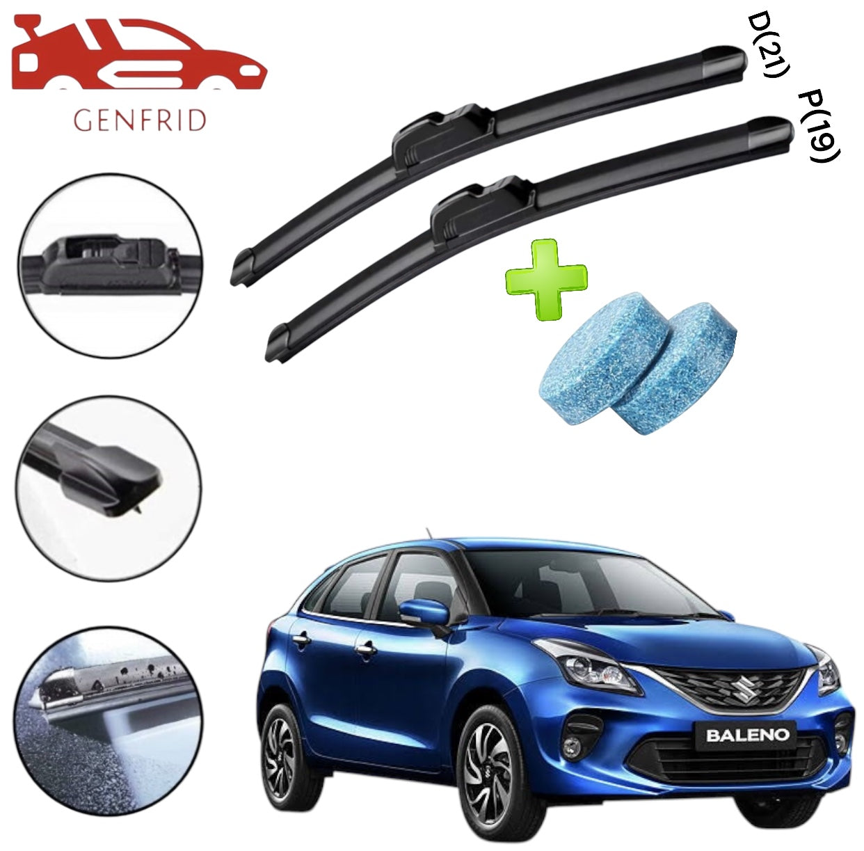 Genfrid Flat Rubber Frameless Car Wiper For Maruti Baleno (Right-21, Left–19)(Pack Of 2)(Free Washer Tablet)