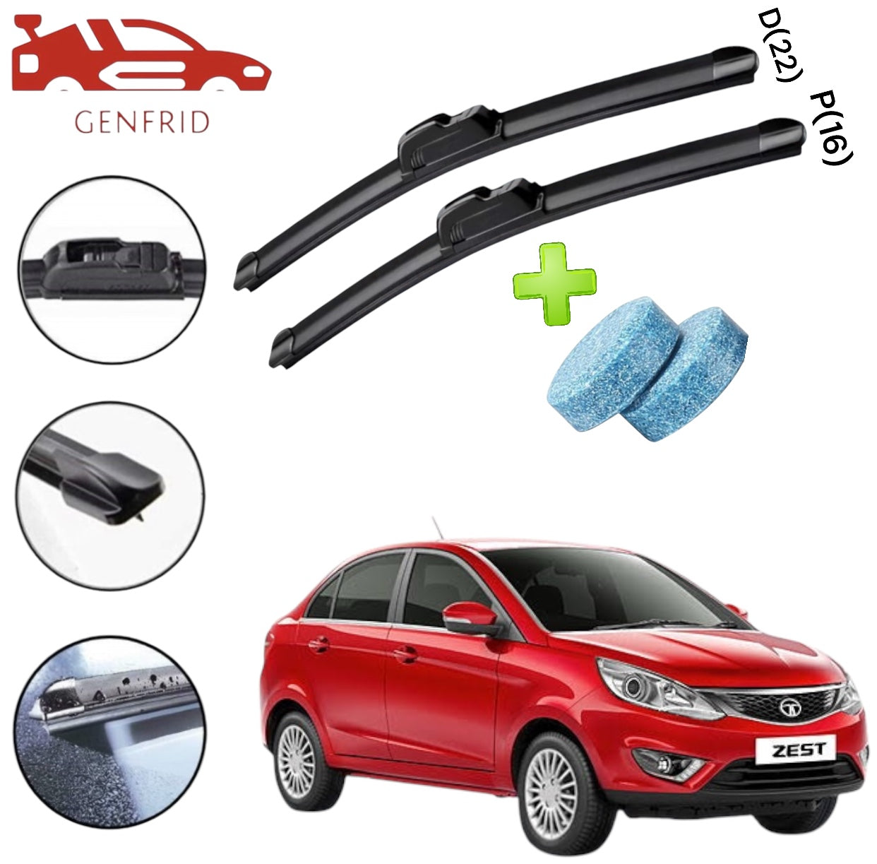 Genfrid Flat Rubber Frameless Car Wiper For Tata Zest (Right-22, Left–16)(Pack Of 2)(Free Washer Tablet)
