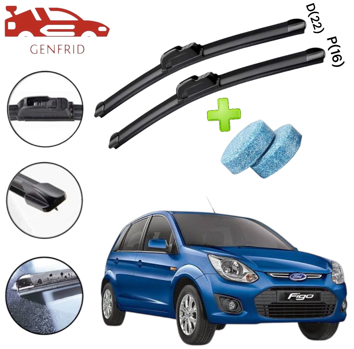 Genfrid Flat Rubber Frameless Car Wiper For Ford Figo (Right-22, Left–16)(Pack Of 2)(Free Washer Tablet)
