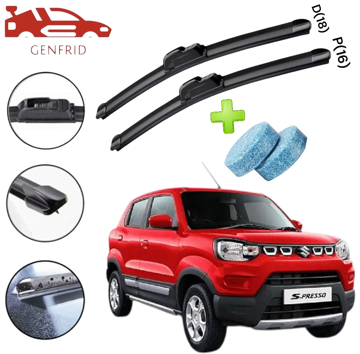 Genfrid Flat Rubber Frameless Car Wiper For Maruti Spresso (Right-18, Left–16)(Pack Of 2)(Free Washer Tablet)