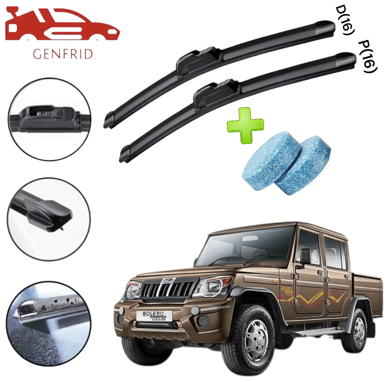 Genfrid Flat Rubber Frameless Car Wiper For Mahindra Bolero Camper (Right-16, Left–16)(Pack Of 2)(Free Washer Tablet)