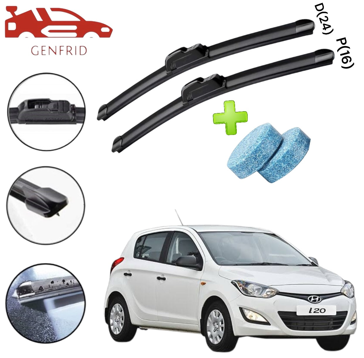Genfrid Flat Rubber Frameless Car Wiper For Hyundai I20 (Right-24, Left–16)(Pack Of 2)(Free Washer Tablet)