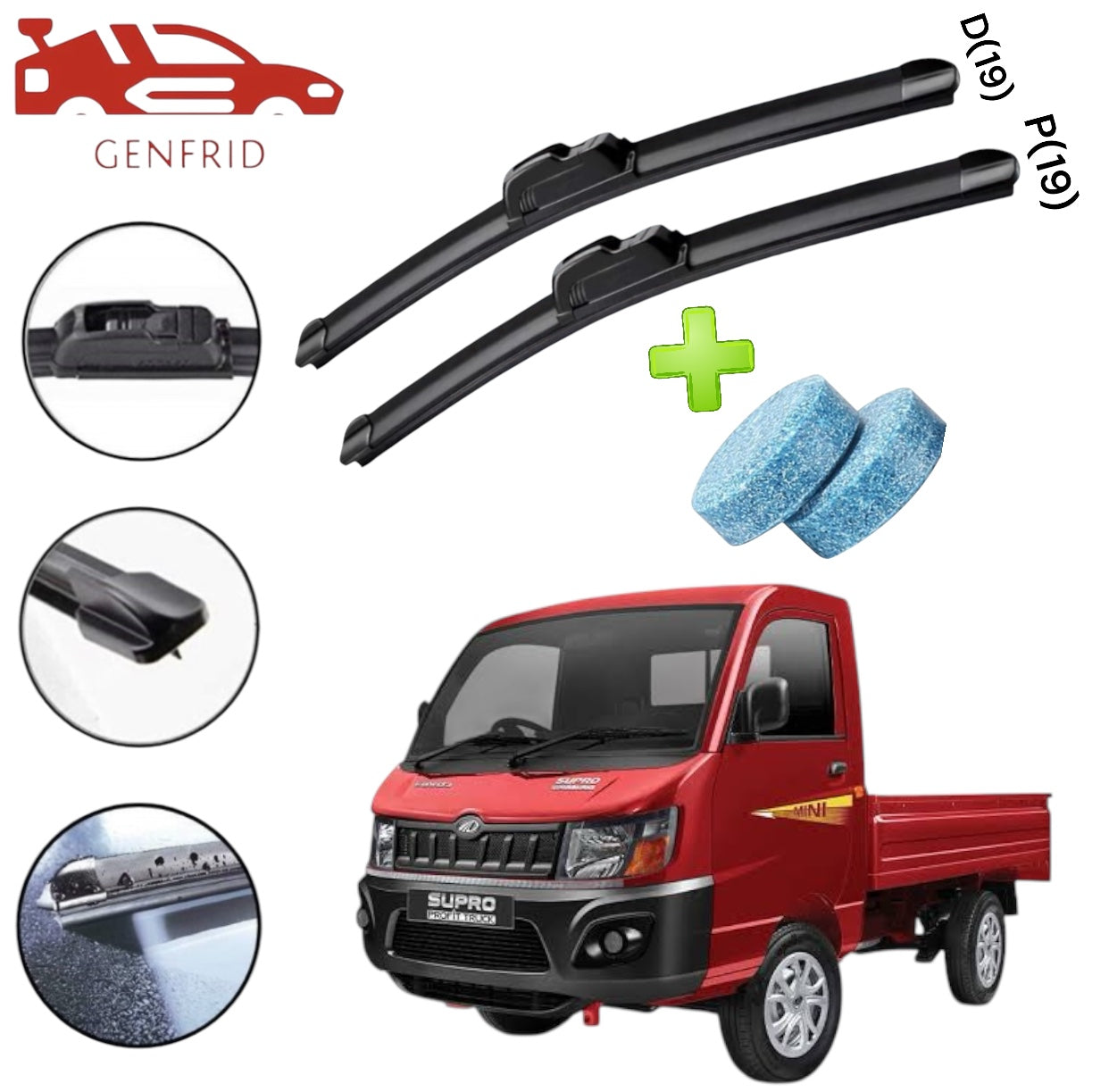 Genfrid Flat Rubber Frameless Car/Mini Truck Wiper For Mahindra Supro (Right-19, Left–19)(Pack Of 2)(Free Washer Tablet)