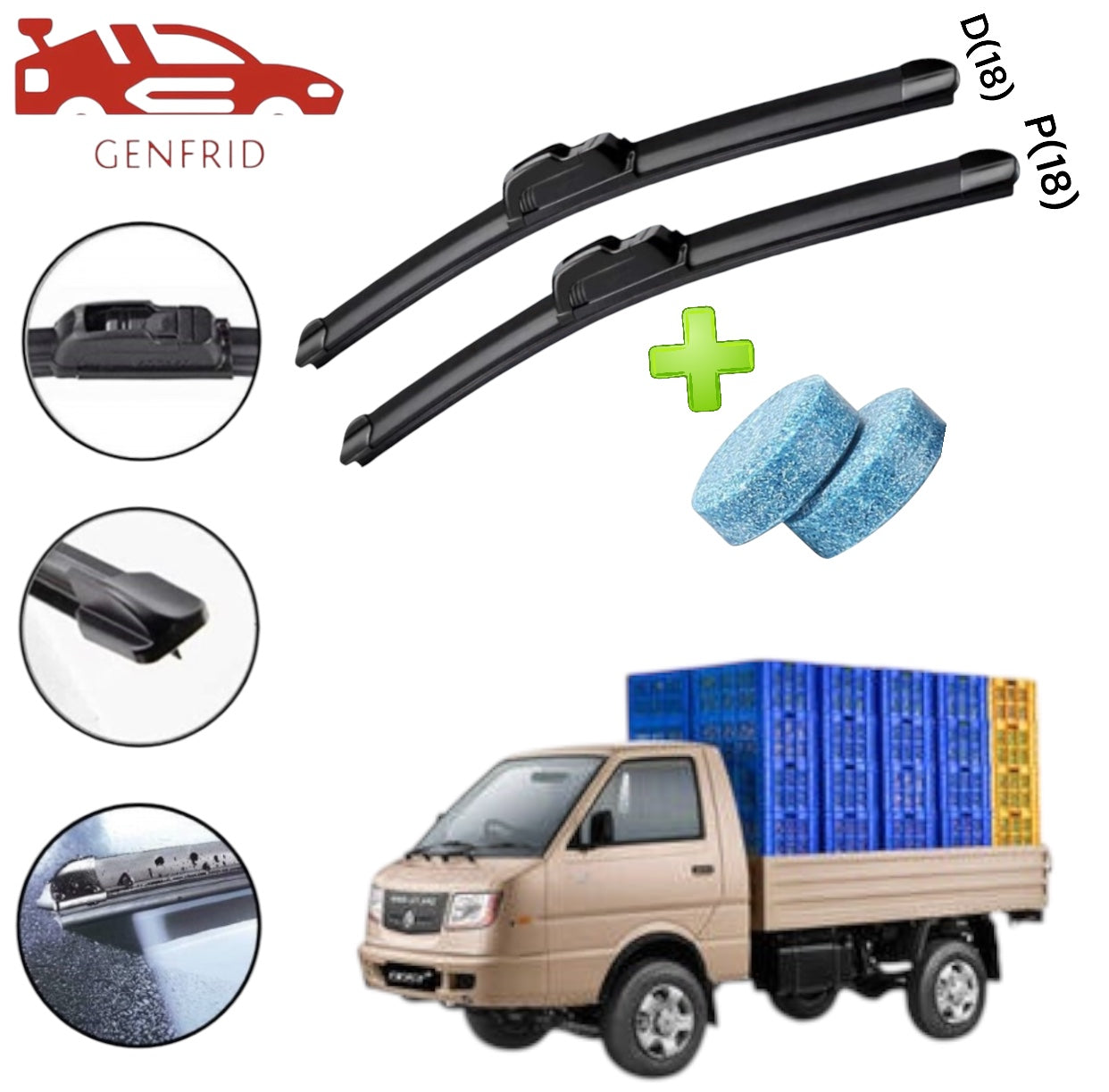 Genfrid Flat Rubber Frameless Car/Mini Truck Wiper For Ashok Leyland Dost (Right-18, Left–18)(Pack Of 2)(Free Washer Tablet)
