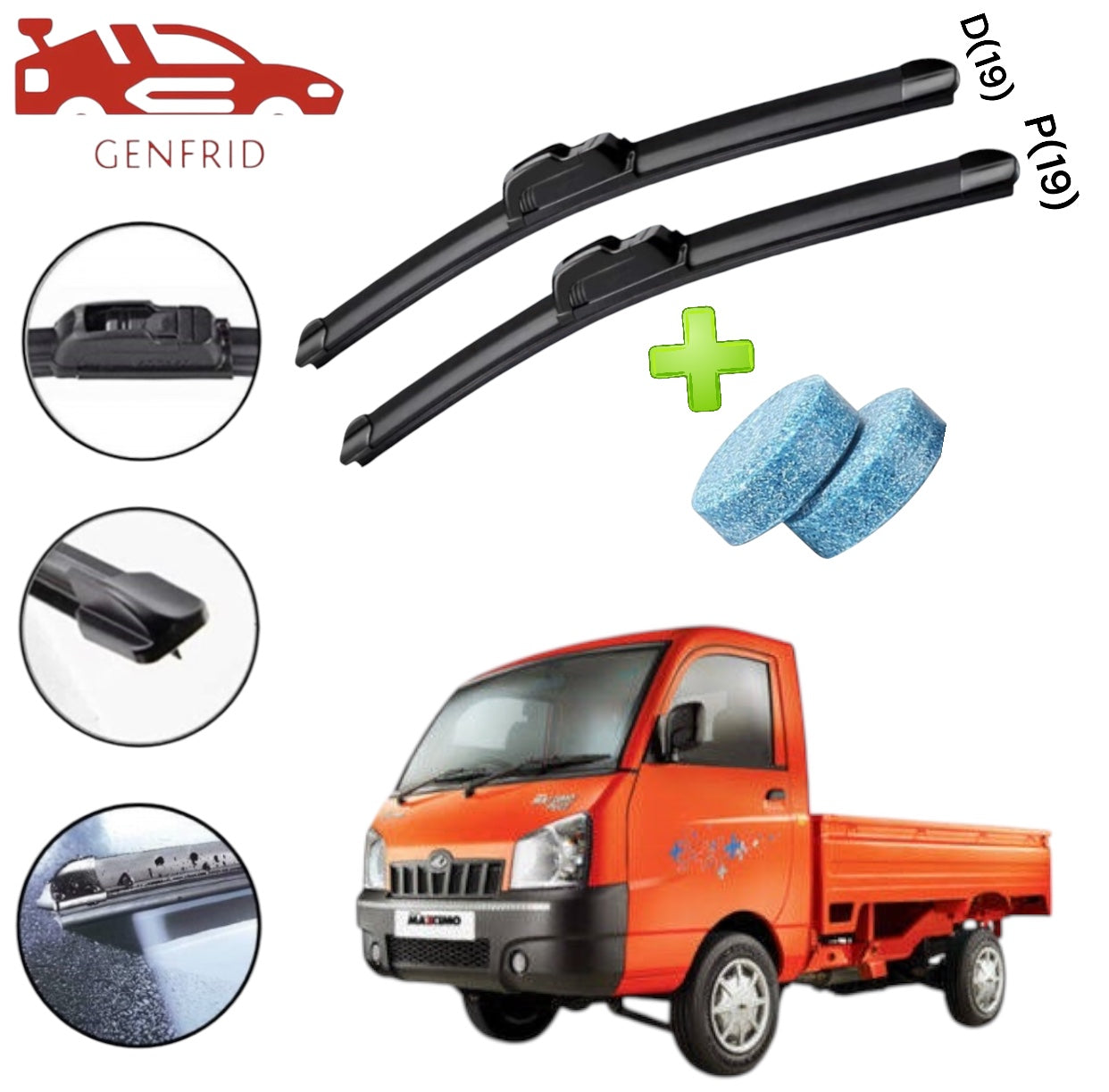 Genfrid Flat Rubber Frameless Car/Mini Truck Wiper For Mahindra Maxximo (Right-19, Left–19)(Pack Of 2)(Free Washer Tablet)