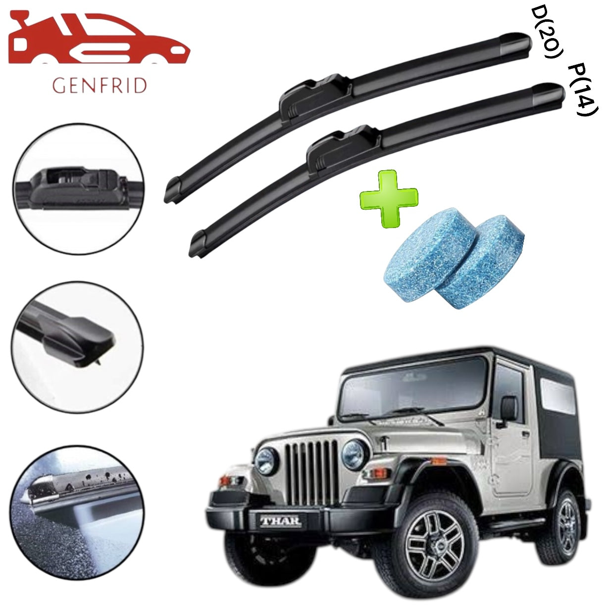 Genfrid Flat Rubber Frameless Car Wiper For Mahindra Thar 2012 Onwards (Right-14, Left–14)(Pack Of 2)(Free Washer Tablet)