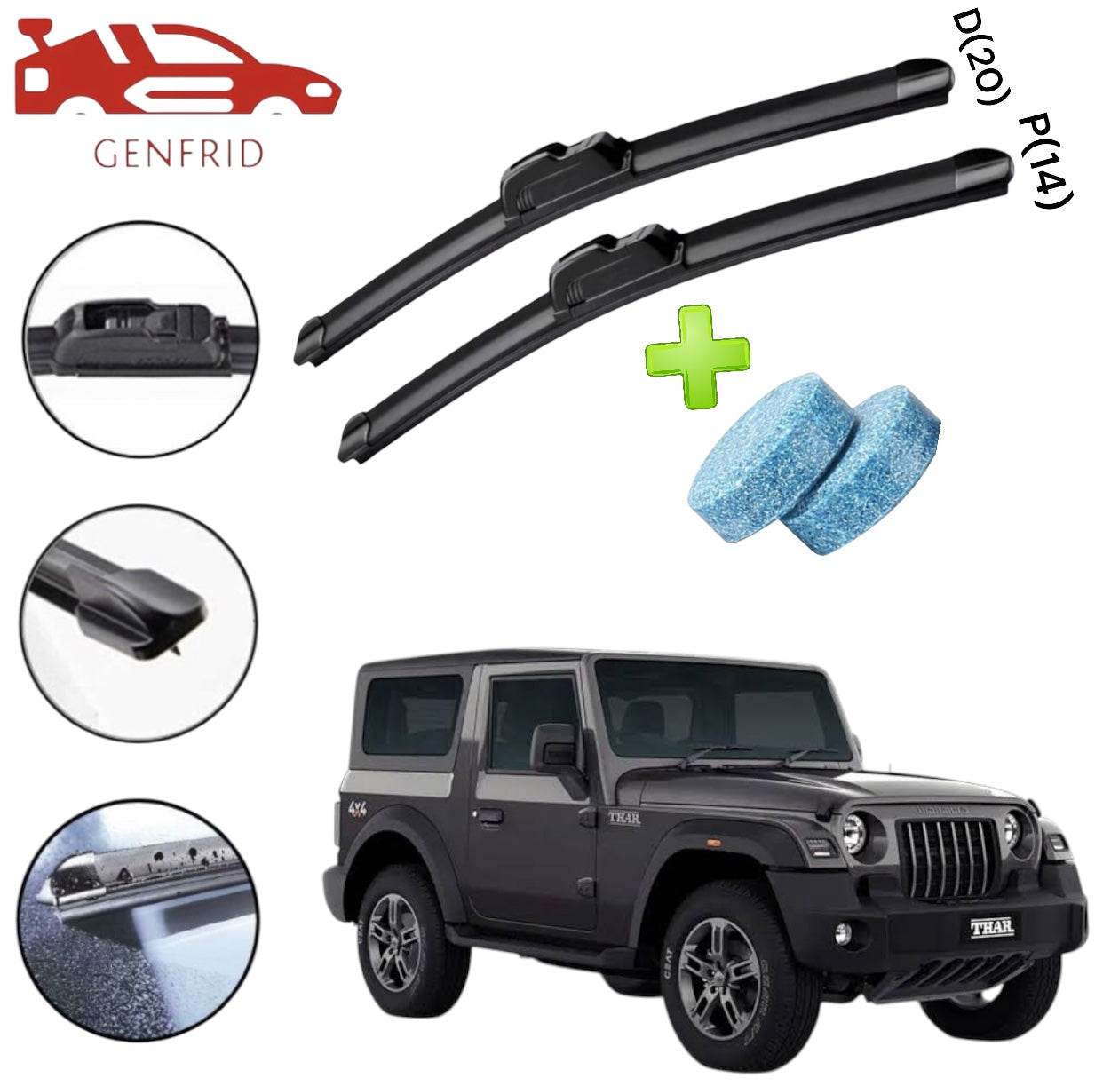 Genfrid Flat Rubber Frameless Car Wiper For Mahindra Thar 2020 Onwards (Right-14, Left–14)(Pack Of 2)(Free Washer Tablet)