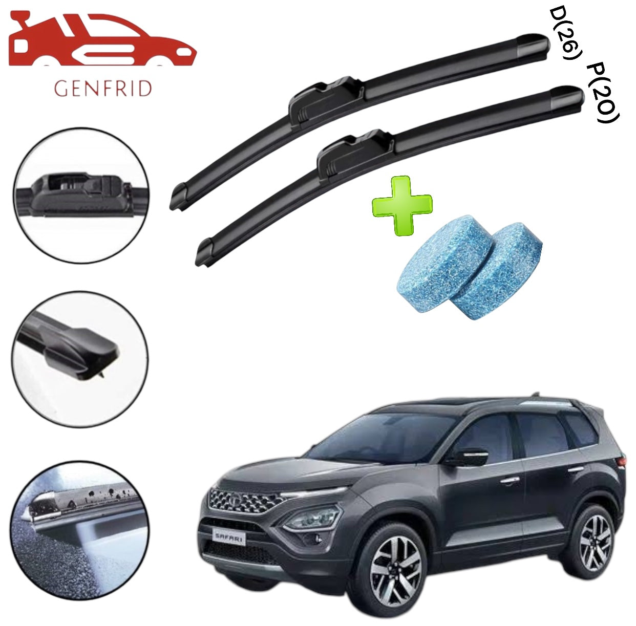 Genfrid Flat Rubber Frameless Car Wiper For Tata Safari (Right-26, Left–20)(Pack Of 2)(Free Washer Tablet)