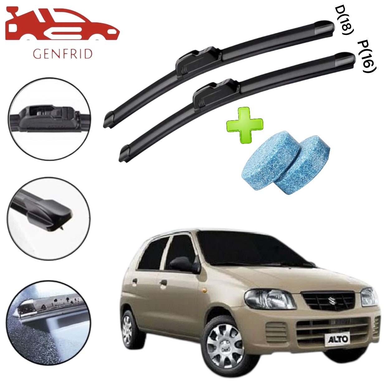 Genfrid Flat Rubber Frameless Car Wiper For Maruti Alto (Right-18, Left–16)(Pack Of 2)(Free Washer Tablet)