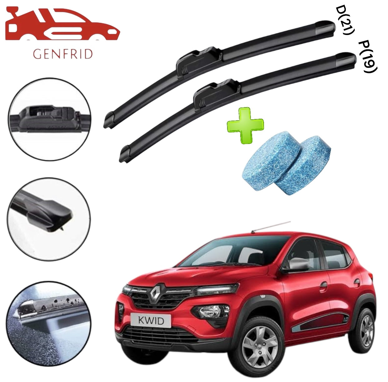 Genfrid Flat Rubber Frameless Car Wiper For Renault Kwid (Right-21, Left–19)(Pack Of 2)(Free Washer Tablet)