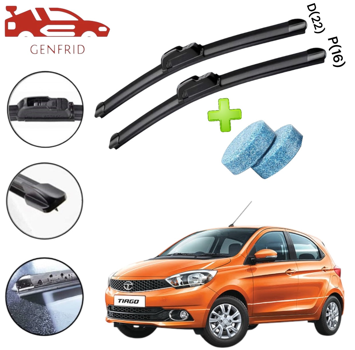 Genfrid Flat Rubber Frameless Car Wiper For Tata Tiago (Right-22, Left–16)(Pack Of 2)(Free Washer Tablet)