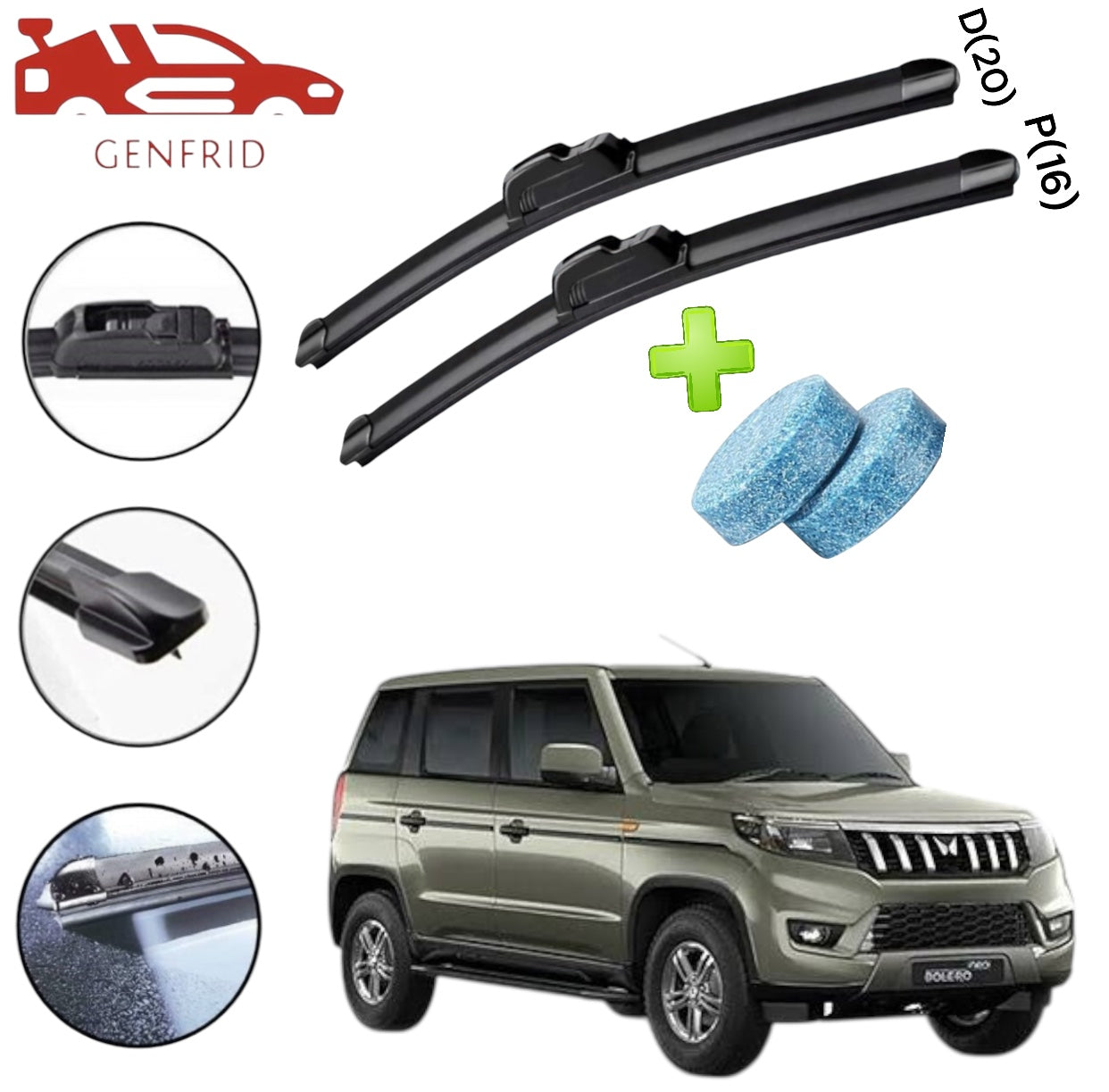 Genfrid Flat Rubber Frameless Car Wiper For Mahindra Bolero Neo (Right-20, Left–16)(Pack Of 2)(Free Washer Tablet)