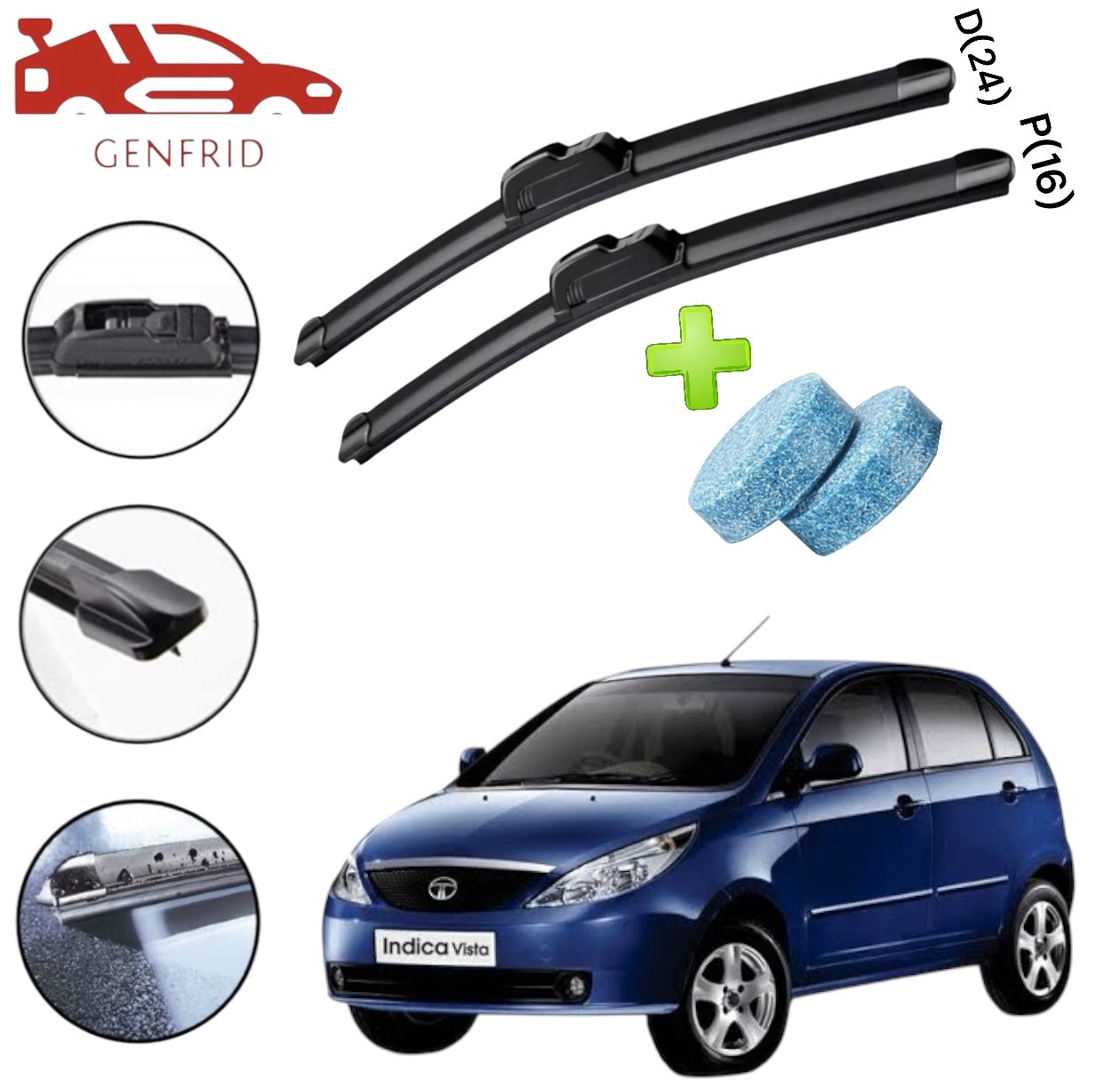 Genfrid Flat Rubber Frameless Car Wiper For Tata Indica Vista (Right-24, Left–16)(Pack Of 2)(Free Washer Tablet)