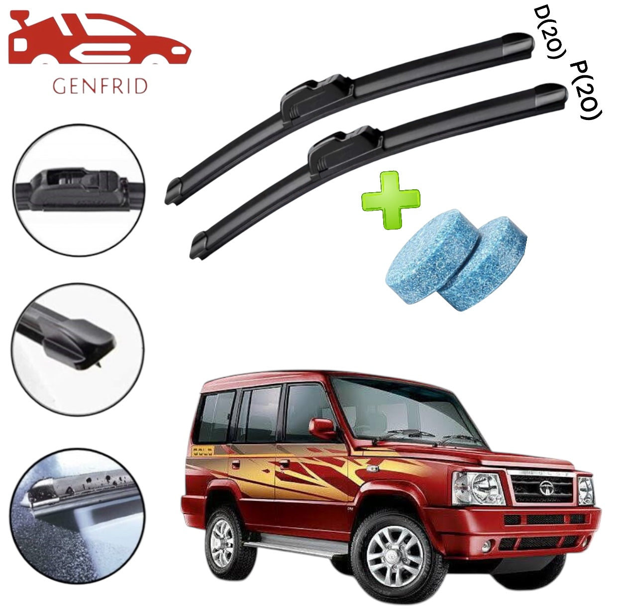 Genfrid Flat Rubber Frameless Car Wiper For Tata Sumo (Right-20, Left–20)(Pack Of 2)(Free Washer Tablet)