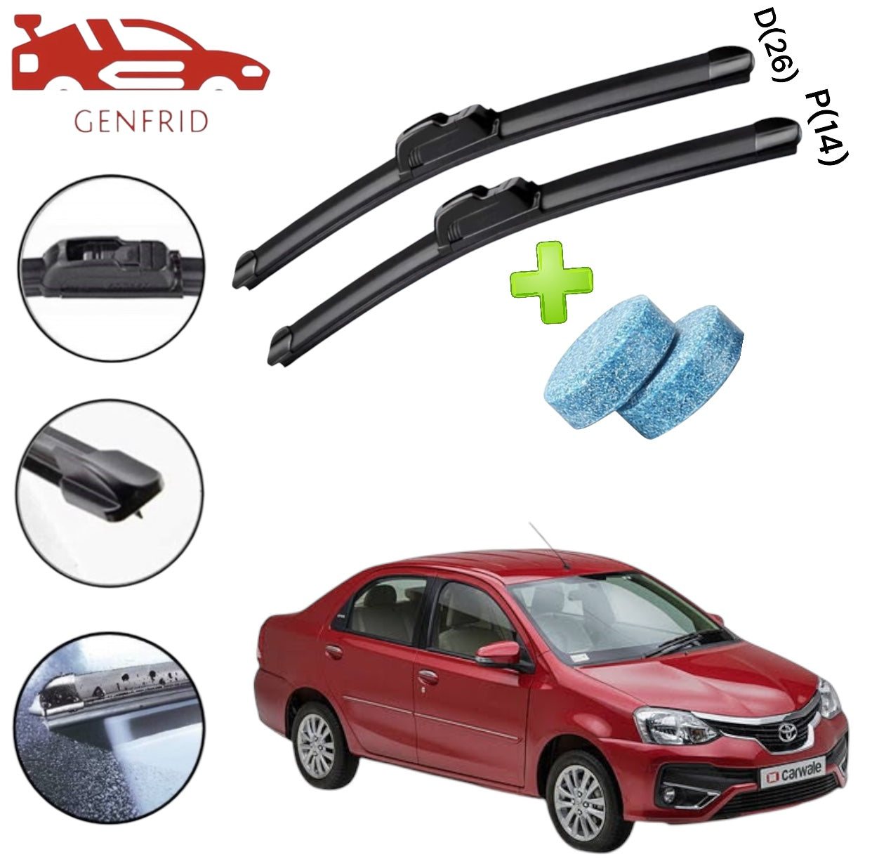 Genfrid Flat Rubber Frameless Car Wiper For Toyota Corola (Right-26, Left–14)(Pack Of 2)(Free Washer Tablet)