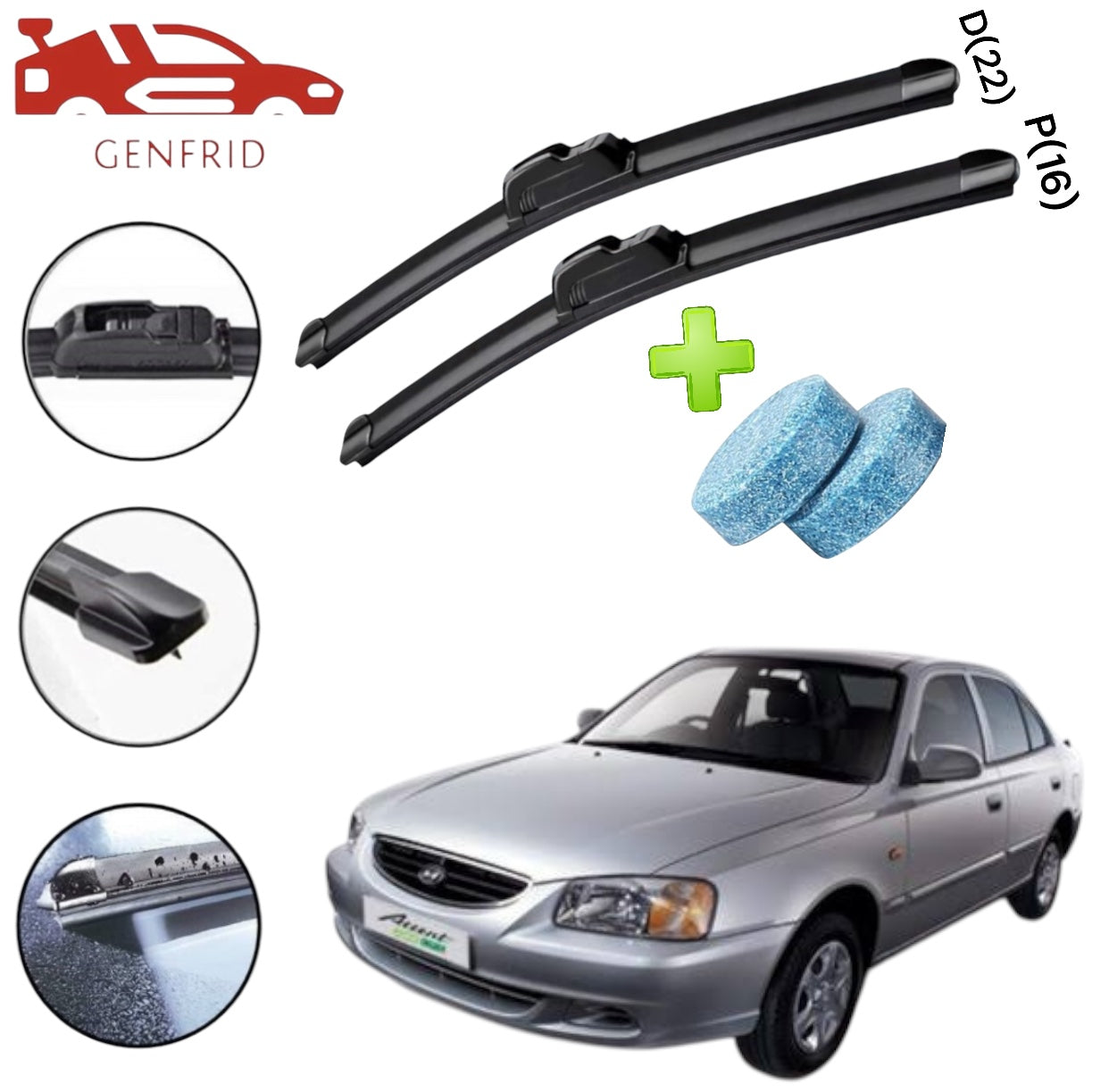 Genfrid Flat Rubber Frameless Car Wiper For Hyundai Accent (Right-22, Left–16)(Pack Of 2)(Free Washer Tablet)