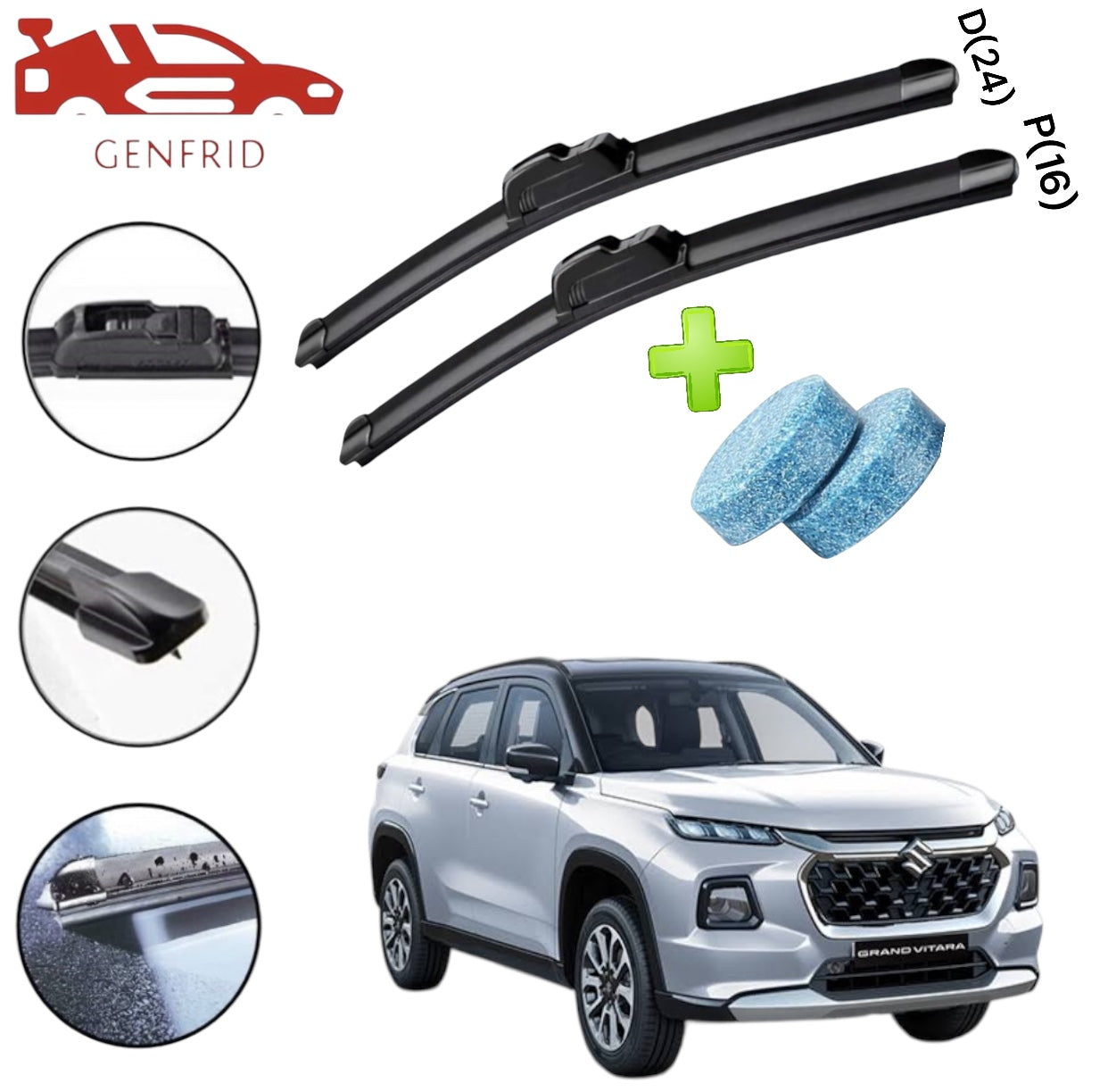 Genfrid Flat Rubber Frameless Car Wiper For Maruti Grand Vitara (Right-24, Left–16)(Pack Of 2)(Free Washer Tablet)