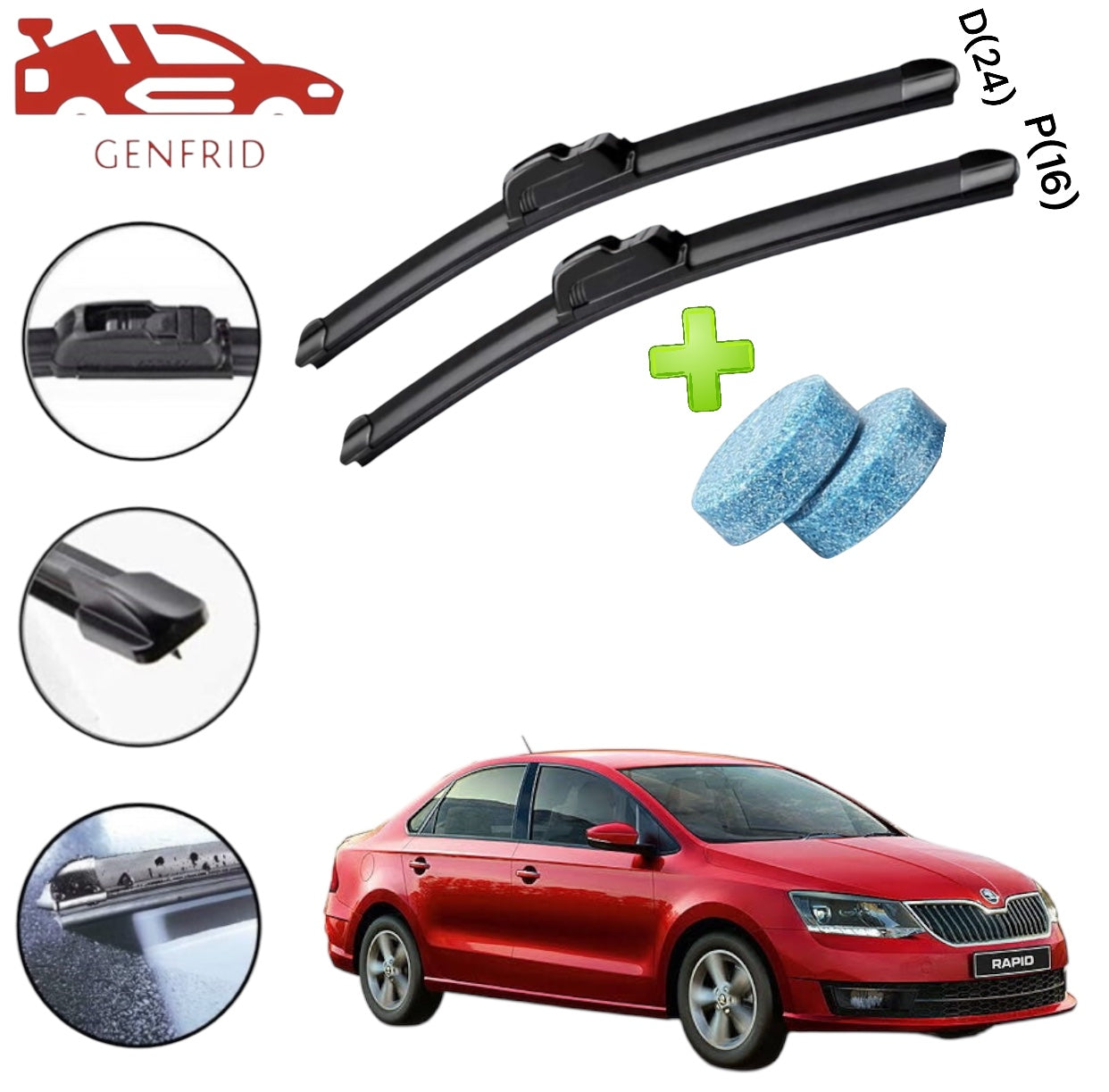 Genfrid Flat Rubber Frameless Car Wiper For Skoda Rapid (Right-24, Left–16)(Pack Of 2)(Free Washer Tablet)