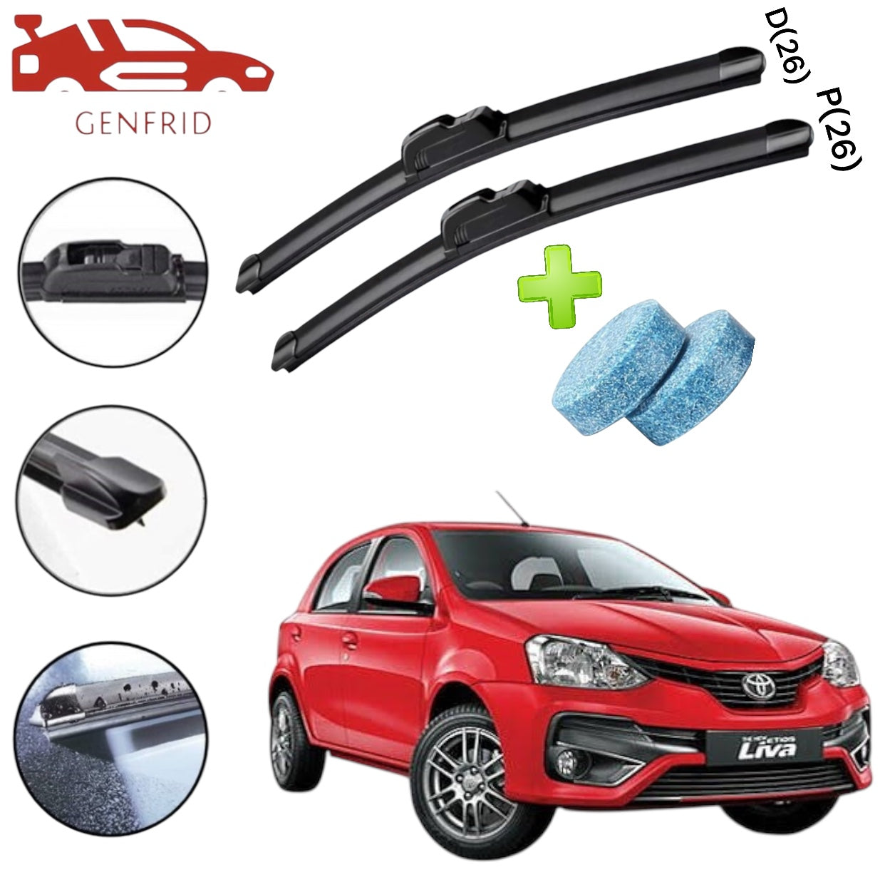 Genfrid Flat Rubber Frameless Car Wiper For Toyota Etios Liva (Right-26, Left–26)(Pack Of 2)(Free Washer Tablet)