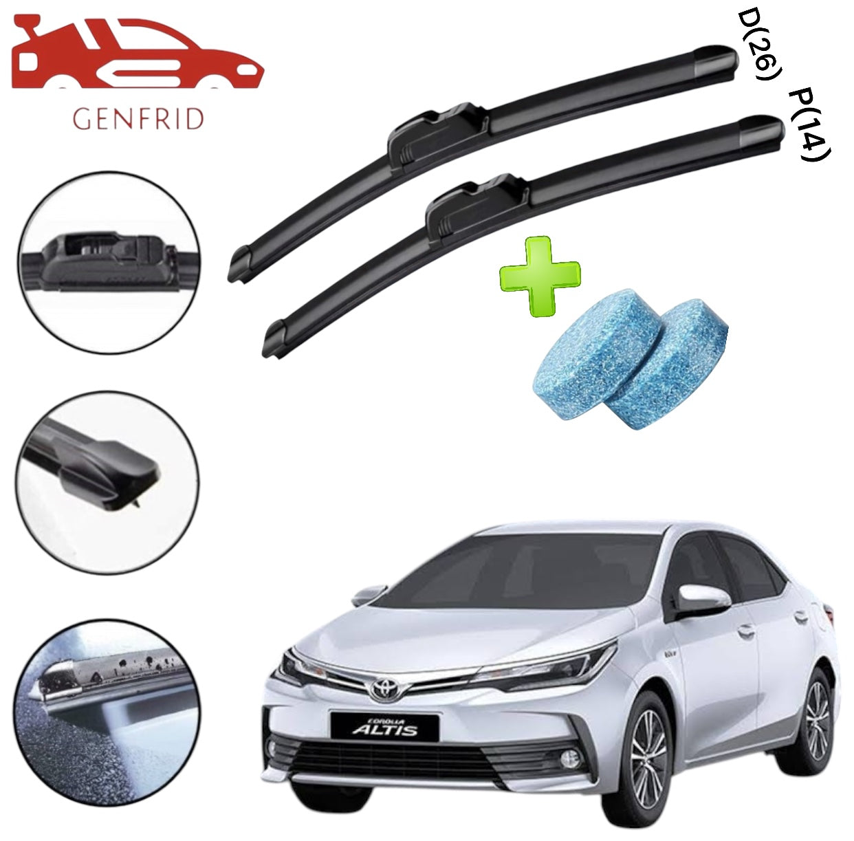 Genfrid Flat Rubber Frameless Car Wiper For Toyota Corola Altis (Right-26, Left–14)(Pack Of 2)(Free Washer Tablet)