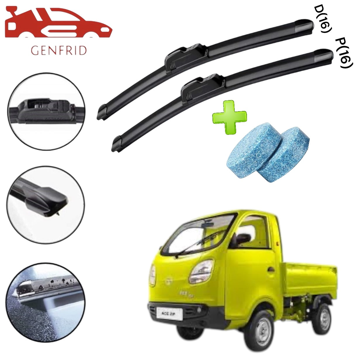 Genfrid Flat Rubber Frameless Car/Mini Truck Wiper For Tata Zip (Right-16, Left–16)(Pack Of 2)(Free Washer Tablet)