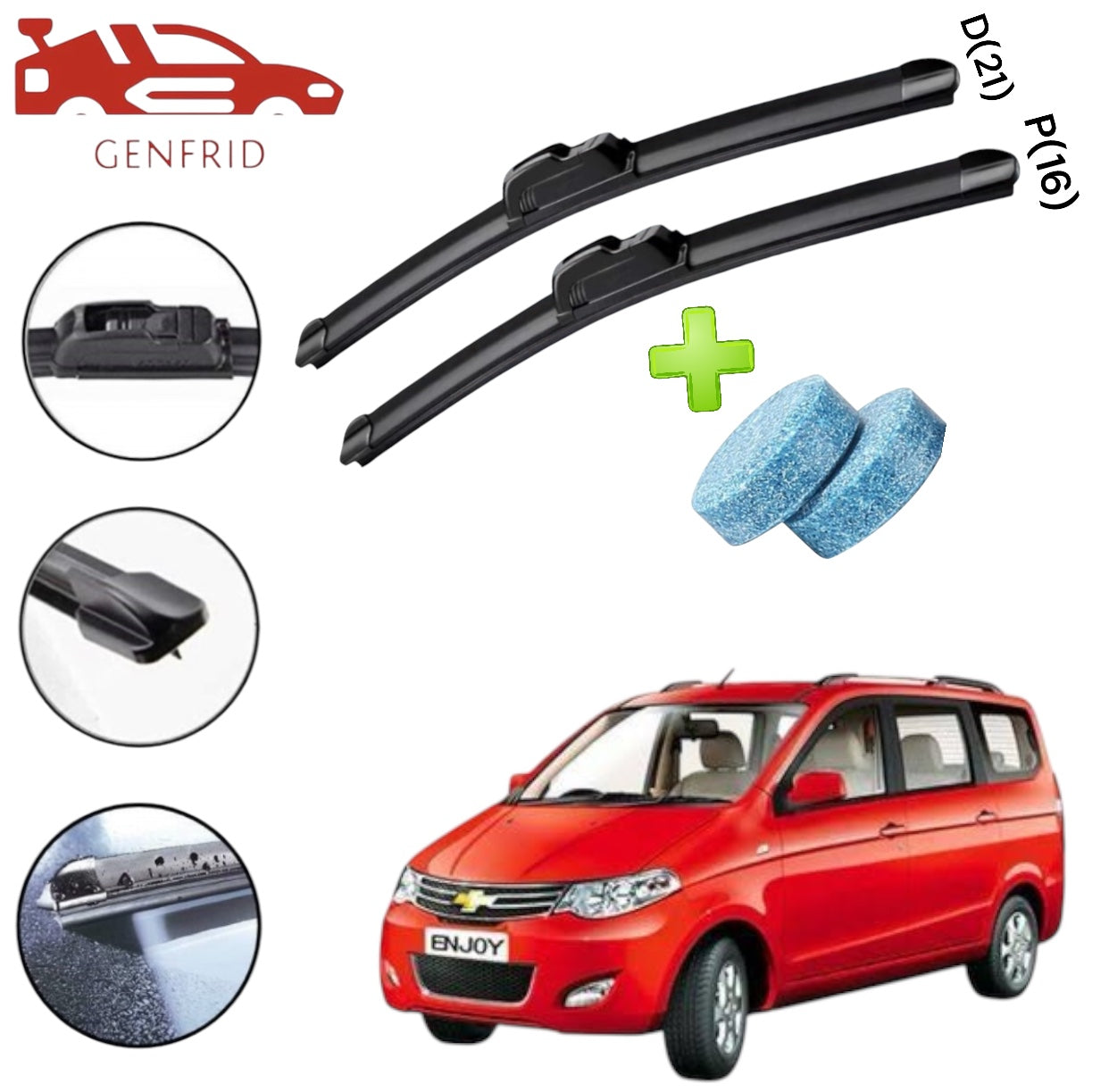 Genfrid Flat Rubber Frameless Car Wiper For Chevrolet Enjoy (Right-21, Left–16)(Pack Of 2)(Free Washer Tablet)
