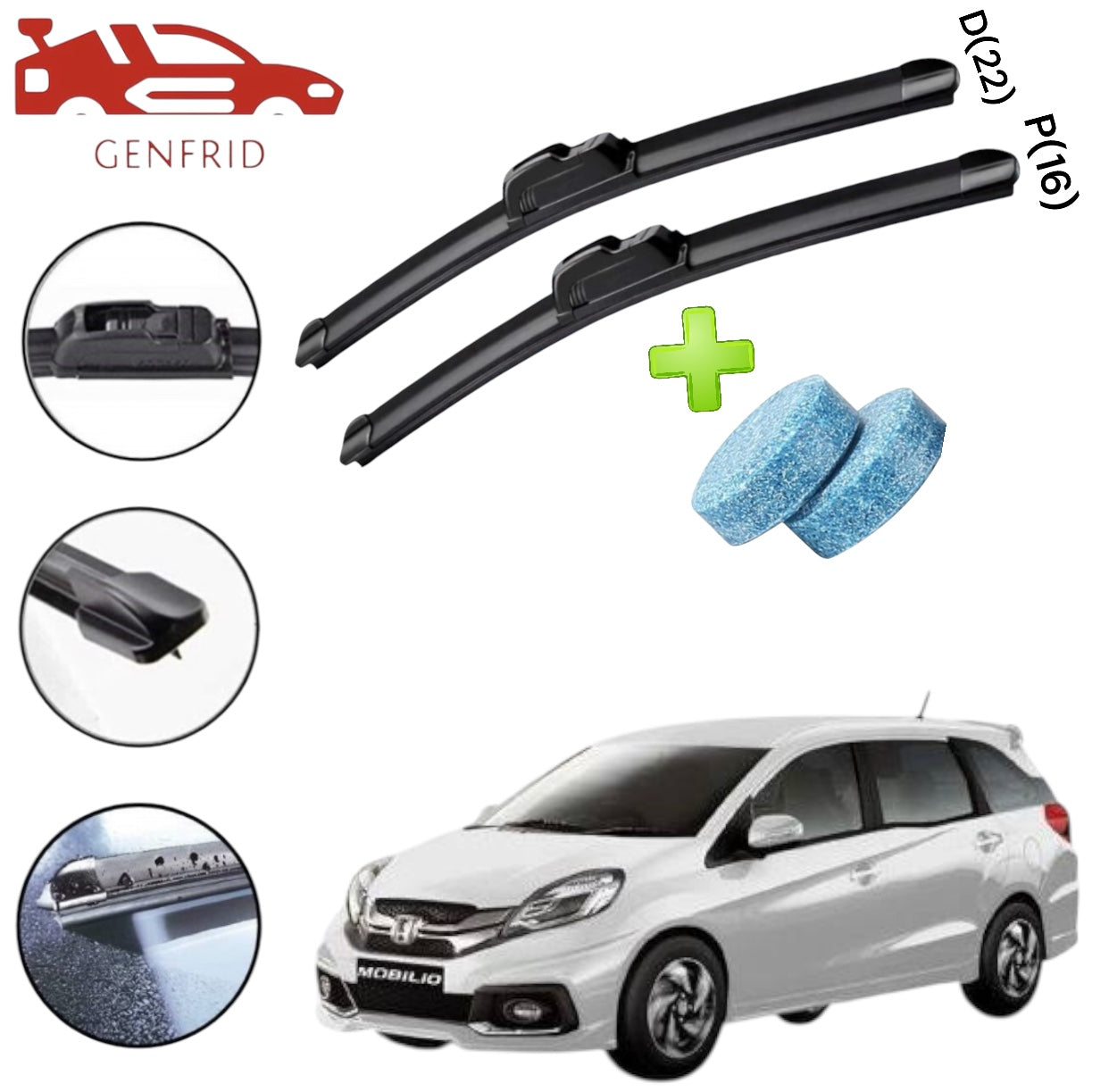 Genfrid Flat Rubber Frameless Car Wiper For Honda Mobilio (Right-22, Left–16)(Pack Of 2)(Free Washer Tablet)